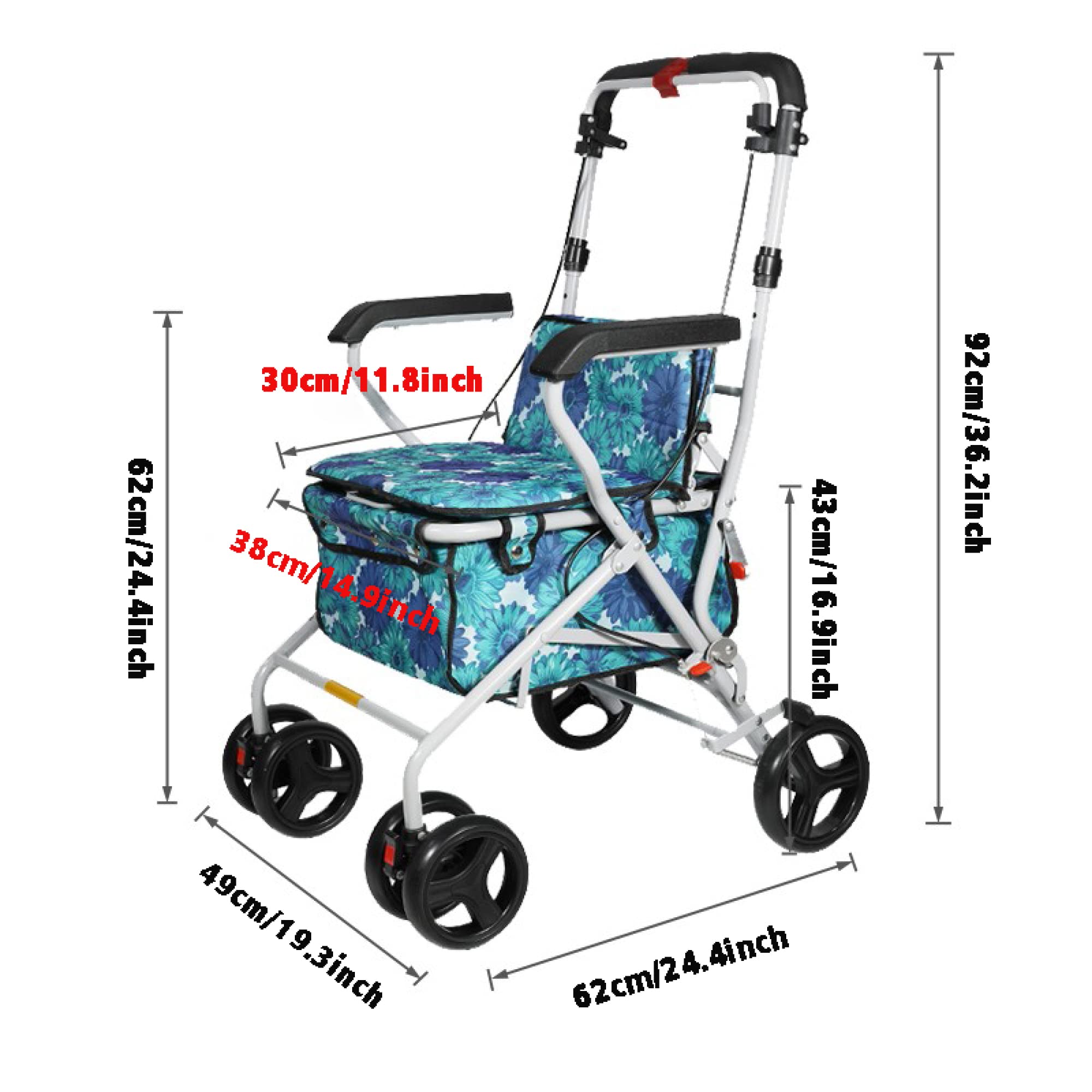 Andador Andador con Asiento y Ruedas - Silla de Transporte con Ruedas Plegable con Manijas Ajustables y Pedal - Soporta hasta 200 Ibs