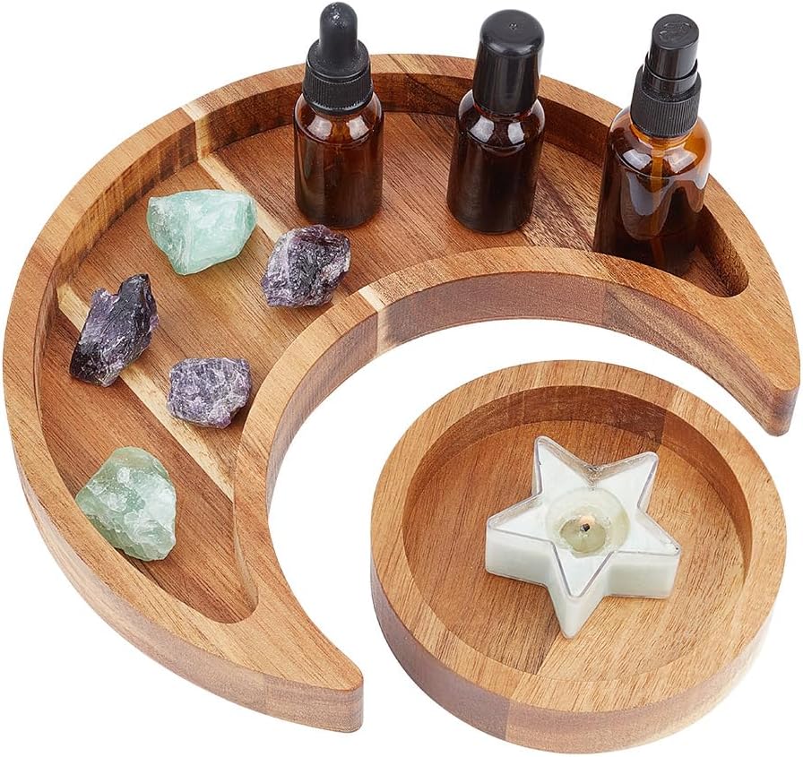 INFUNLY Crystal Holder Moon Tray Wooden Crystal Organizer Acacia Wood Trinket Dish for Rocks Jewelry Healing Crystals Storage