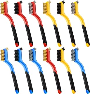 Wire Brush Set,12 Pcs Brass/Stainless Steel/Nylon Wire Brushes,Mini Brushes with Curved Handle Grip,Heavy Duty Wire Brushes for Cleaning Rust,Welding Slag,Paint and Dust,7 Inches (12)