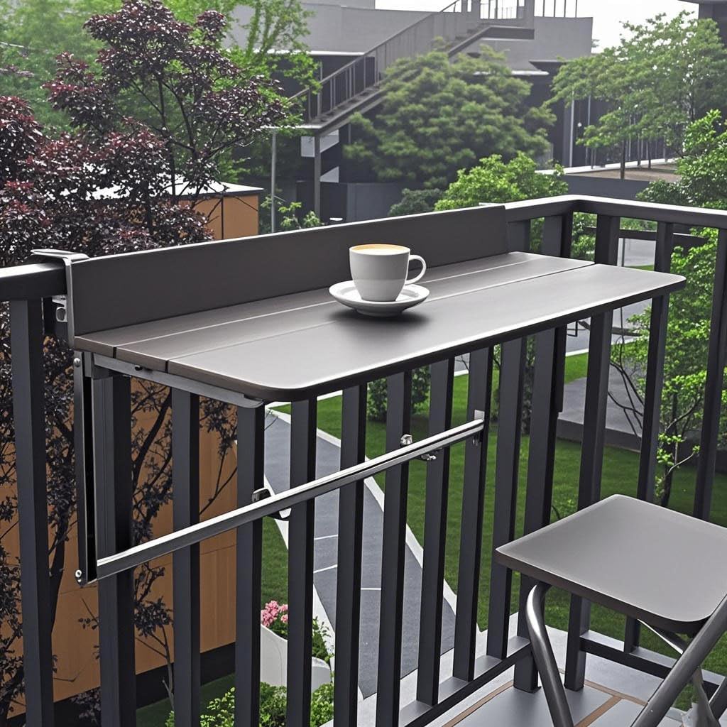 Tavolino da Balcone Pieghevole E Regolabile per Ringhiera - Scrivania da Esterno Salvaspazio per Patio, Tavolo Sospeso in Alluminio per Terrazze, Perfetto per Piccoli Spazi 60x37cm(24x15in)