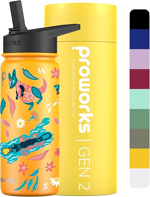 Proworks Gen 2 Insulated Water Bottles with Straw Lid, 540ml Stainless Steel Water Bottle, 24 Hours Cold, 12 Hours Hot Drinks, Metal Leakproof Flask, Work, Gym, Travel Sunflower Yellow Aussie Animals