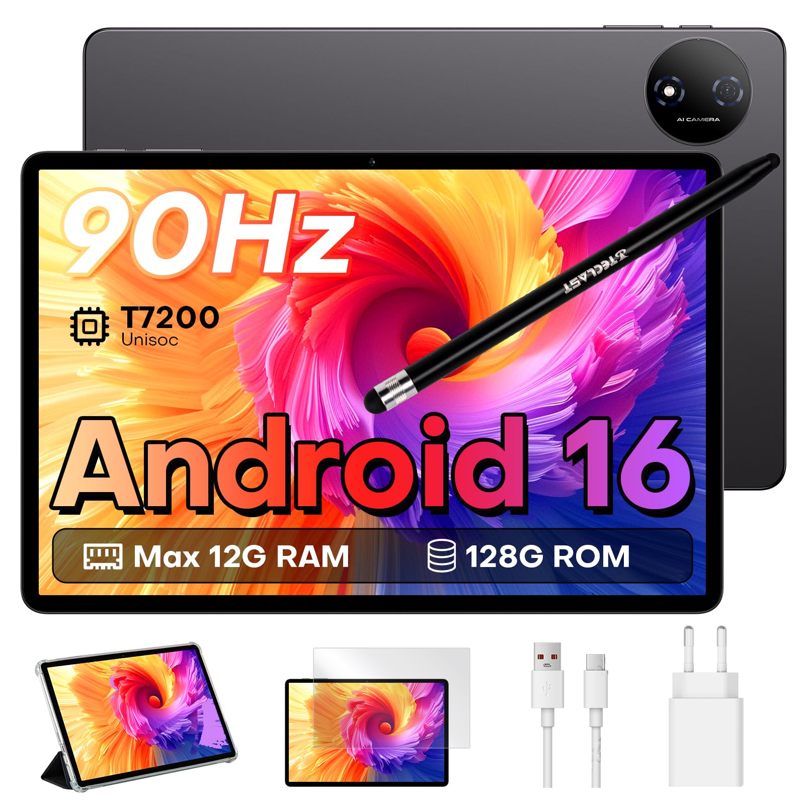 TECLAST P50T Android 16 Tablet 11 Pollici con custodia+penna, 128GB+5TB TF, 90Hz Display, 2GHz Octa Core, Gemini AI, 2.4G+5G WiFi, 13MP+5MP Camera/Widevine L1/7000mAh/GPS/BT5/OTG-2026
