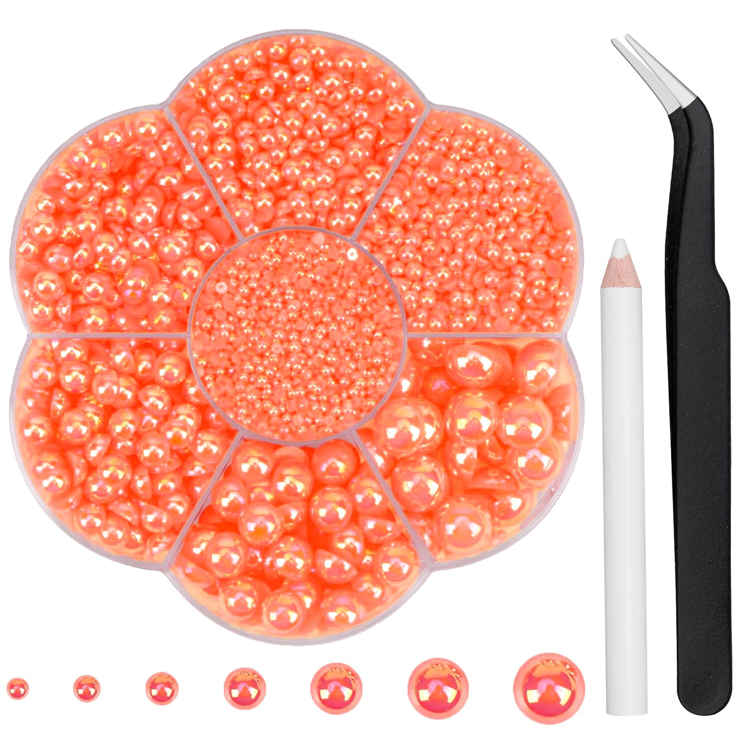 Lot de 6100 perles à dos plat pour loisirs créatifs, maquillage, loisirs créatifs, décorations d'ongles avec pince à épiler et crayon de sélection (orange AB)