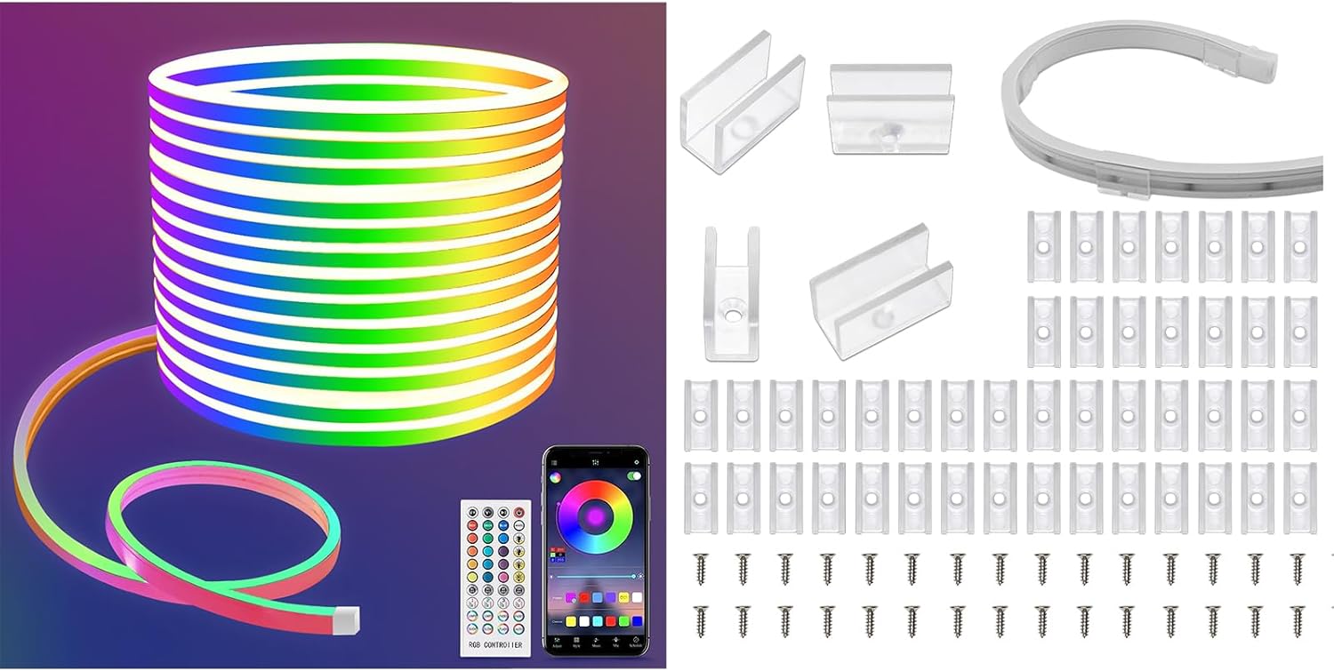 32.8ft RGB Neon Rope Lights with 100PCS Mounting Clips