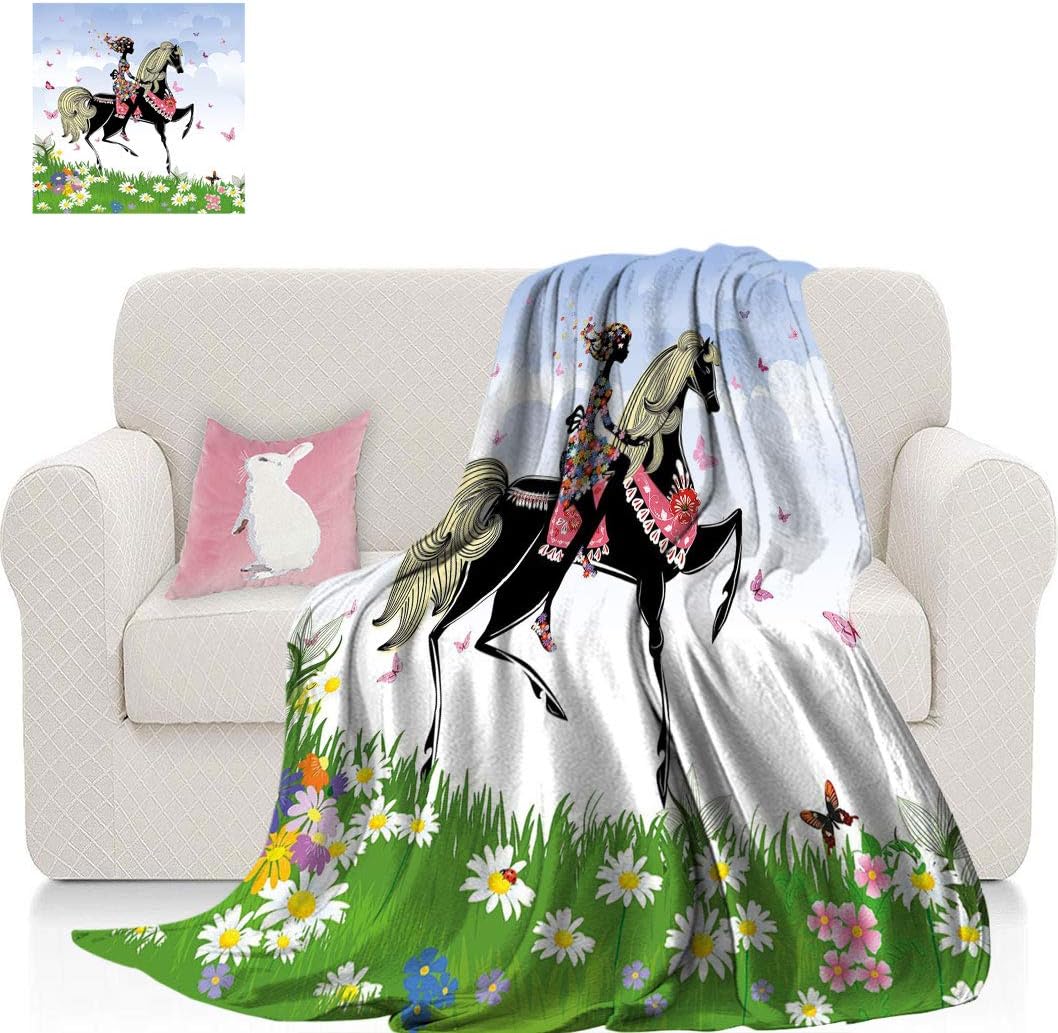 Horse Decor Soft Flannel Blanket, Floral Girl Riding Pony