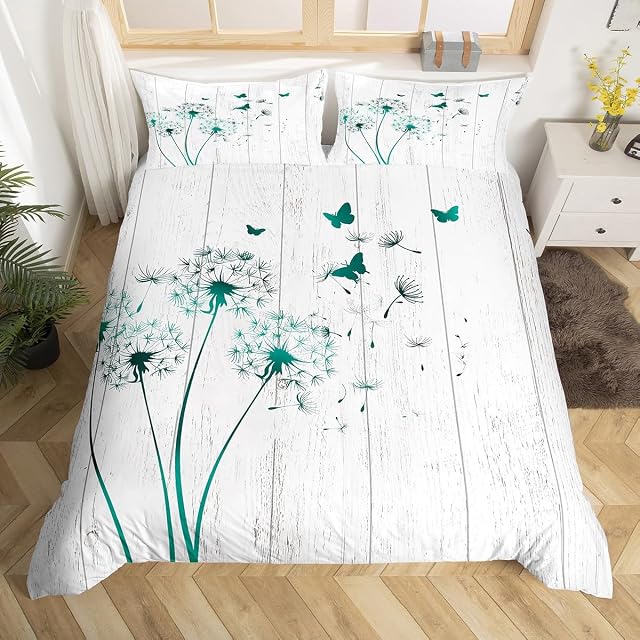 Dandelion Art Couvercle de lit Reine, Papillons verts Couchage pour garçons Filles,Couvernement de couettes en bois pour enfants Coucou de lit pour enfants Fleurs anciennes Coucoup de lit Teens Bed Decor Collection(Pas de confort)