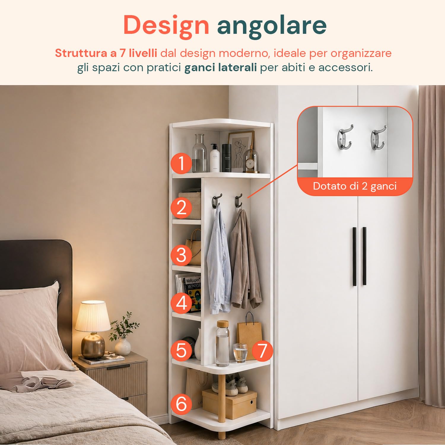 Avilia - Scaffale Angolare Bianco a 7 Livelli – Libreria Verticale Salvaspazio h 180 cm – Mobile ad Angolo con 2 Ganci Laterali Appendiabiti – Struttura Robusta per Soggiorno, Bagno e Ingresso – 30x30