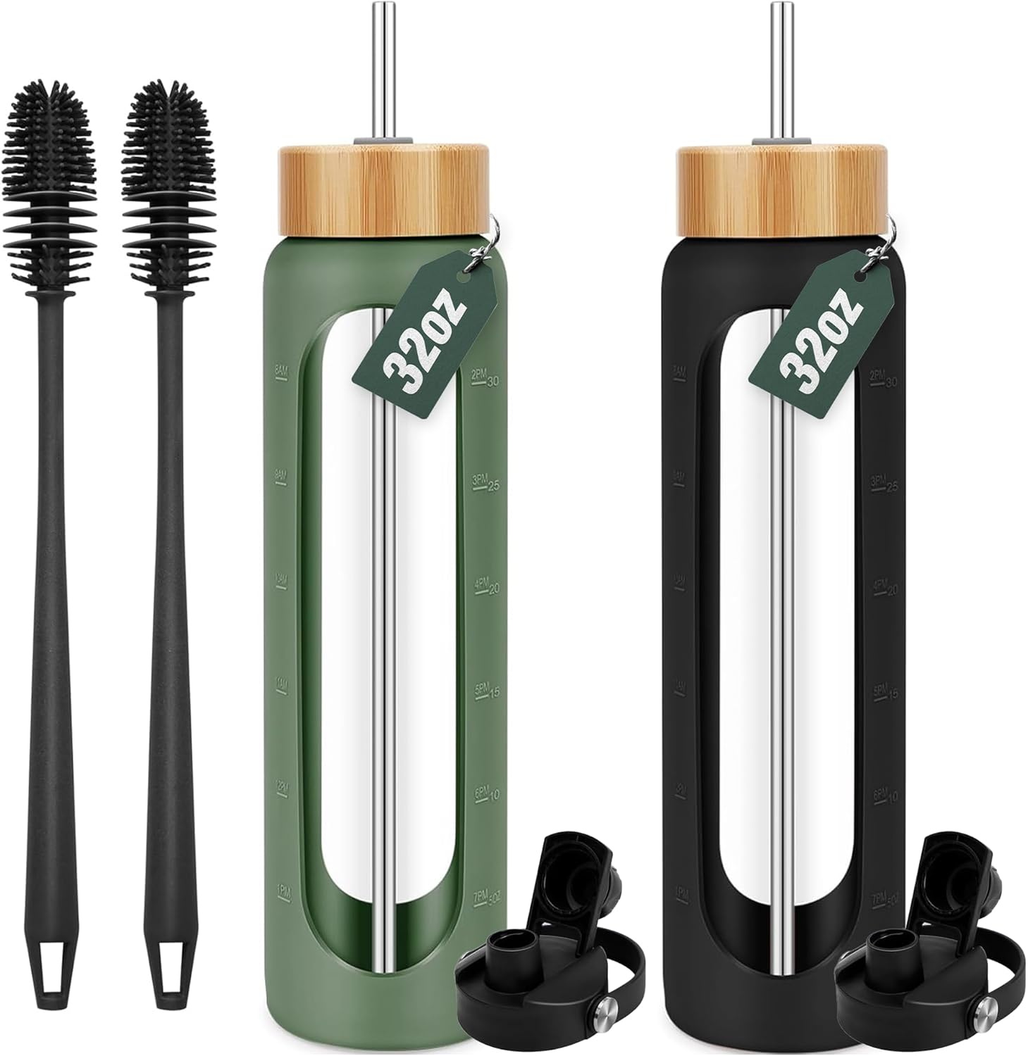 32 oz Glass Water Bottles With Silicone Sleeve (2-Pack) - Olive & Black, Each with Handle Spout & Bamboo Straw Lid