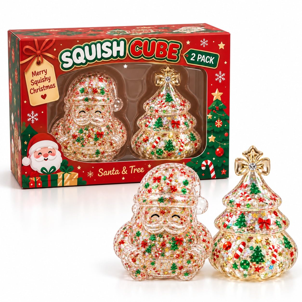 Set di 2 statuine da schiacciare con Babbo Natale e albero di Natale