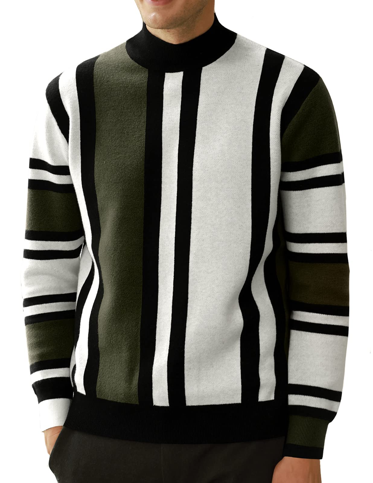 GRACE KARINMens Vintage Stripes Pullover Stand Collar Mockneck Jumper Sweater