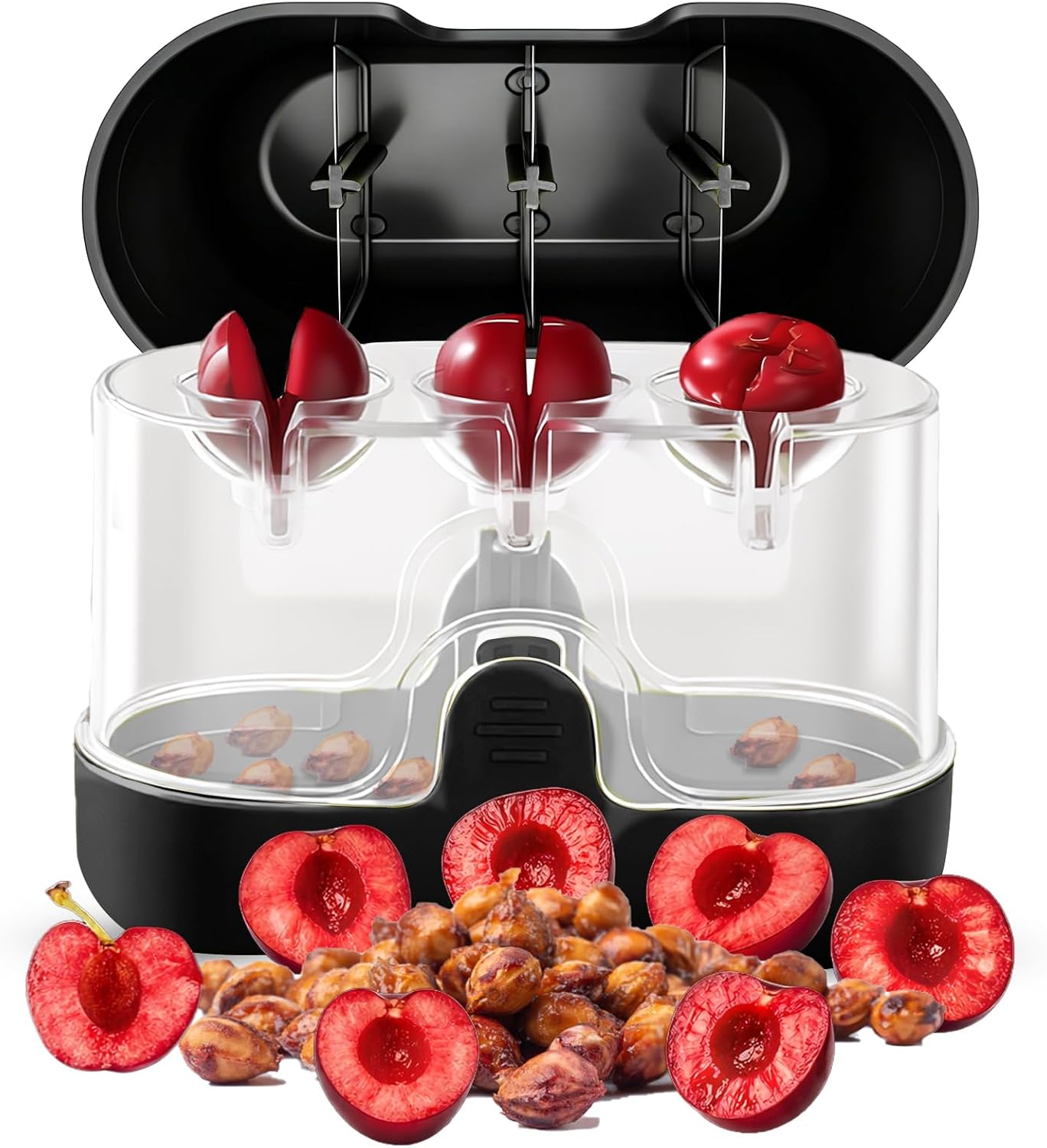 2-in-1 Cherry Pitter & Half Slicer, 3-Hole Cherry Remover with Container