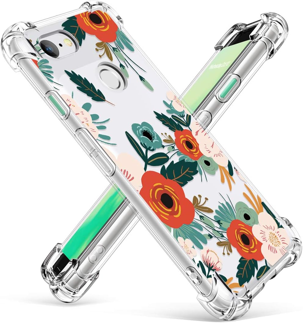 GVIEWIN Designed for Google Pixel 3 Case, Clear Flower Pattern Design Soft & Flexible TPU Slim Fit Shockproof Transparent Floral Cover Case (Will Not fit Pixel 3 XL) (Flowering/Reseda Green)