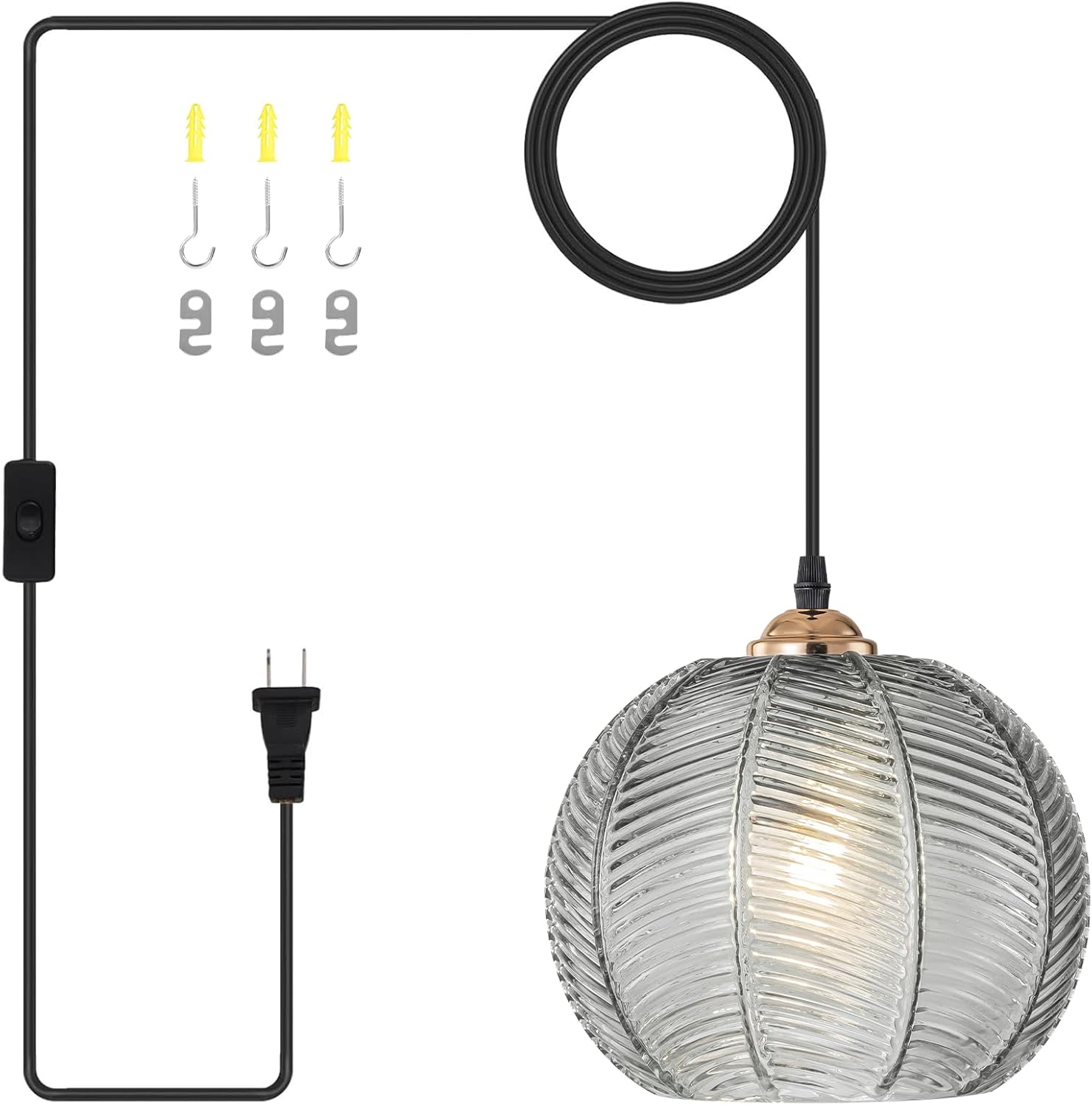 Smoke Gray Glass Plug in Pendant Light, Plug in Hanging Light Fixture with 8.7" Ribbed Globe Shade, Mid Century Modern Hanging Lamp Plug in Chandelier Lighting for Living Room Kitchen Bedroom