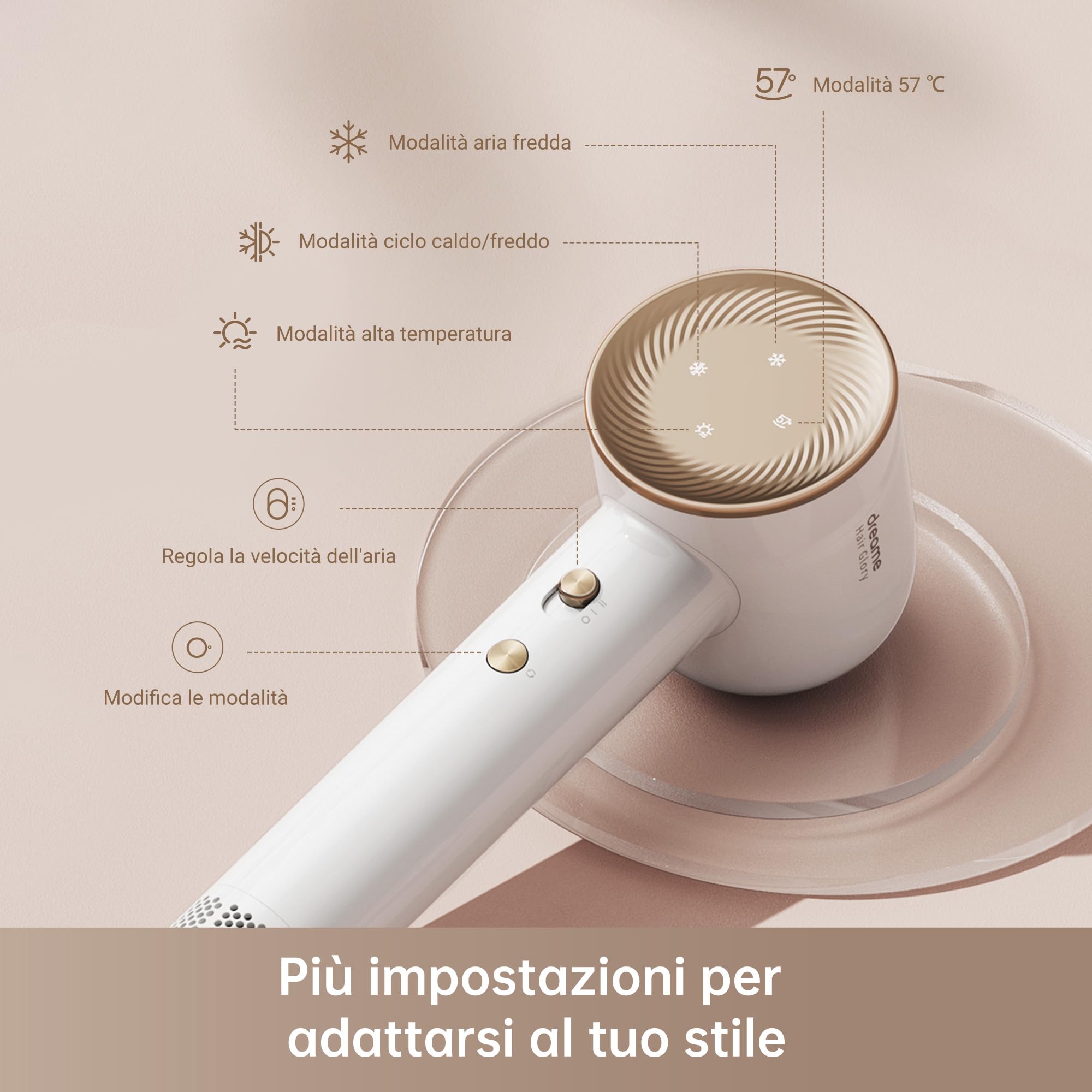 DREAME Hair Glory Combo Asciugacapelli, Asciugatura Rapida, Motore ad Alta velocità, Tecnologia a ioni Negativi, Leggero, Basso rumore, Controllo della Temperatura, phon con diffusore, Bianco