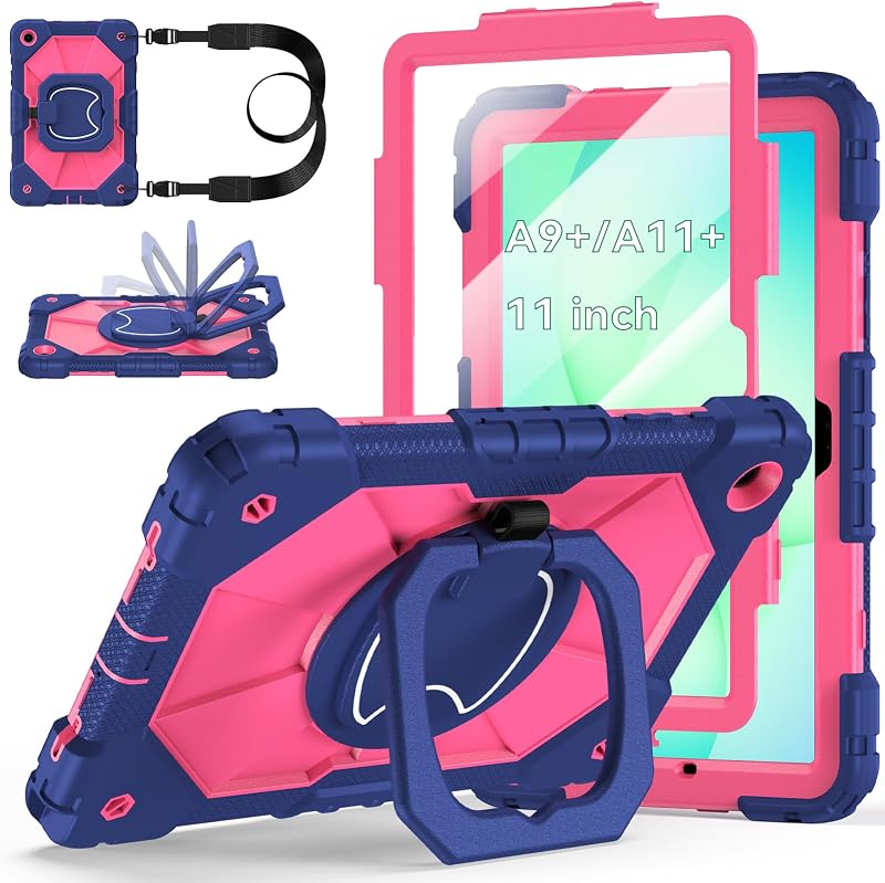 Case for Samsung Galaxy Tab A11+/A9+ Plus 11 Inch 2026/2024, Auorld Rugged Case for Samsung Galaxy A9+/A11+ Tablet with Screen Protector 360 Rotating Stand Shoulder Strap Pen Holder, Navy Pink