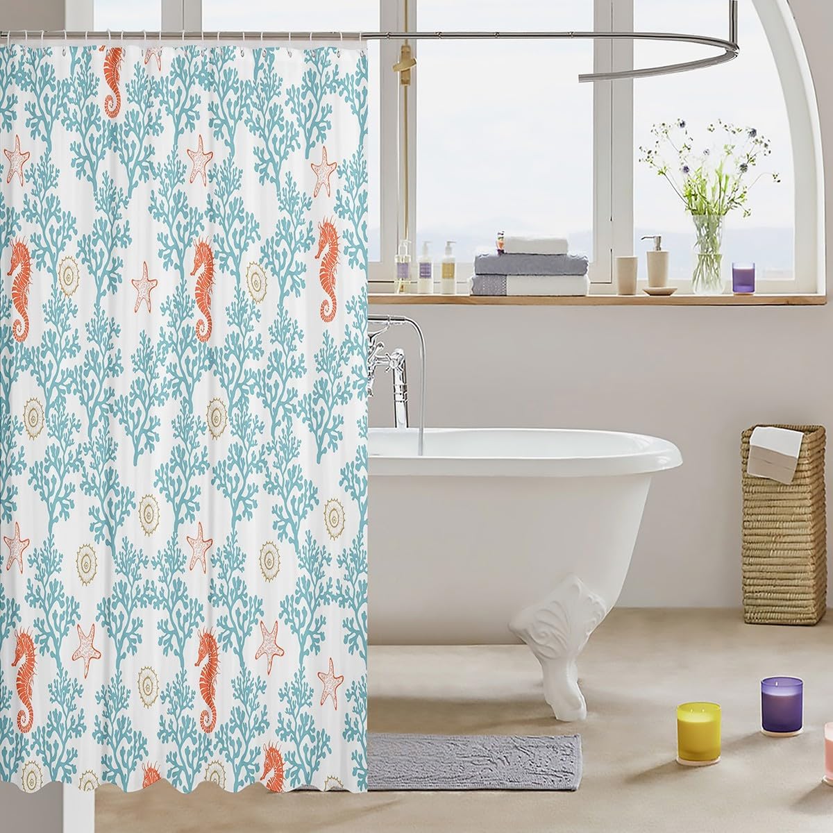 jejeloiu Blue Summer Nautical Shower Curtain for Bathroom Decor Beach Ocean Theme Bath Curtain for Kids Boys Girls Coastal Bathroom Waterproof Accessories with 12 Hooks Soft Microfiber 72"x78"