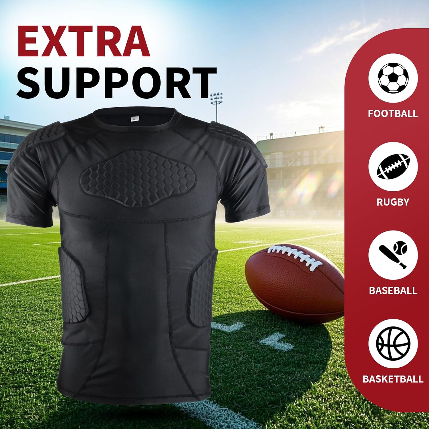 Mens Football Padded Shirt Football Rib Protectors Padded Compression Shirt 6-Football Pads Protective Gear for Baseball Basketball Softball - Image 3