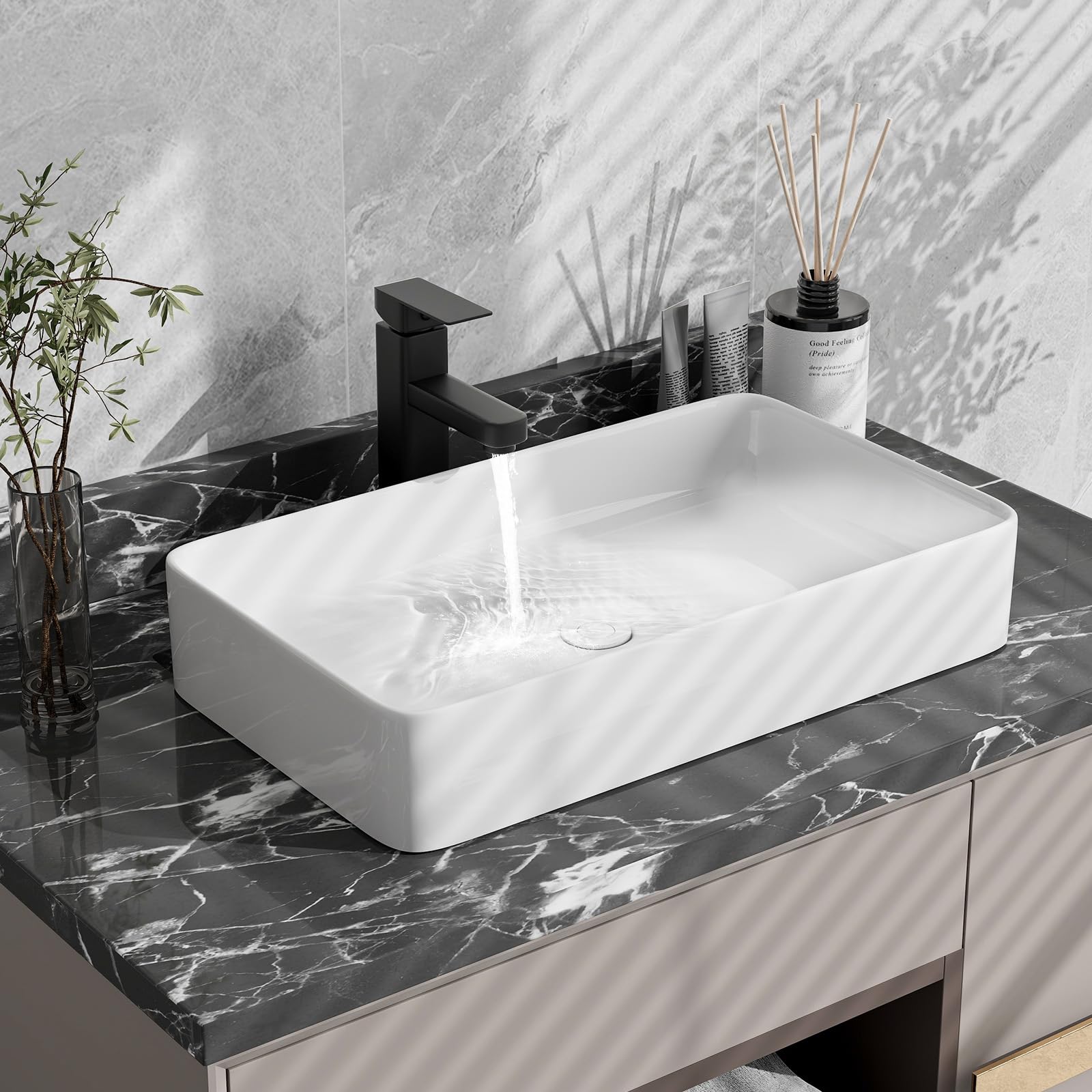 GYMAX 60 x 35 x 11 cm Lavabo in Ceramica Rettangolare con Scarico a Pressione, Lavello d'Appoggio Bianco con Superficie Liscia per una Pulizia Facile, Stile Moderno, Ideale per Casa, Ristorante, Hotel