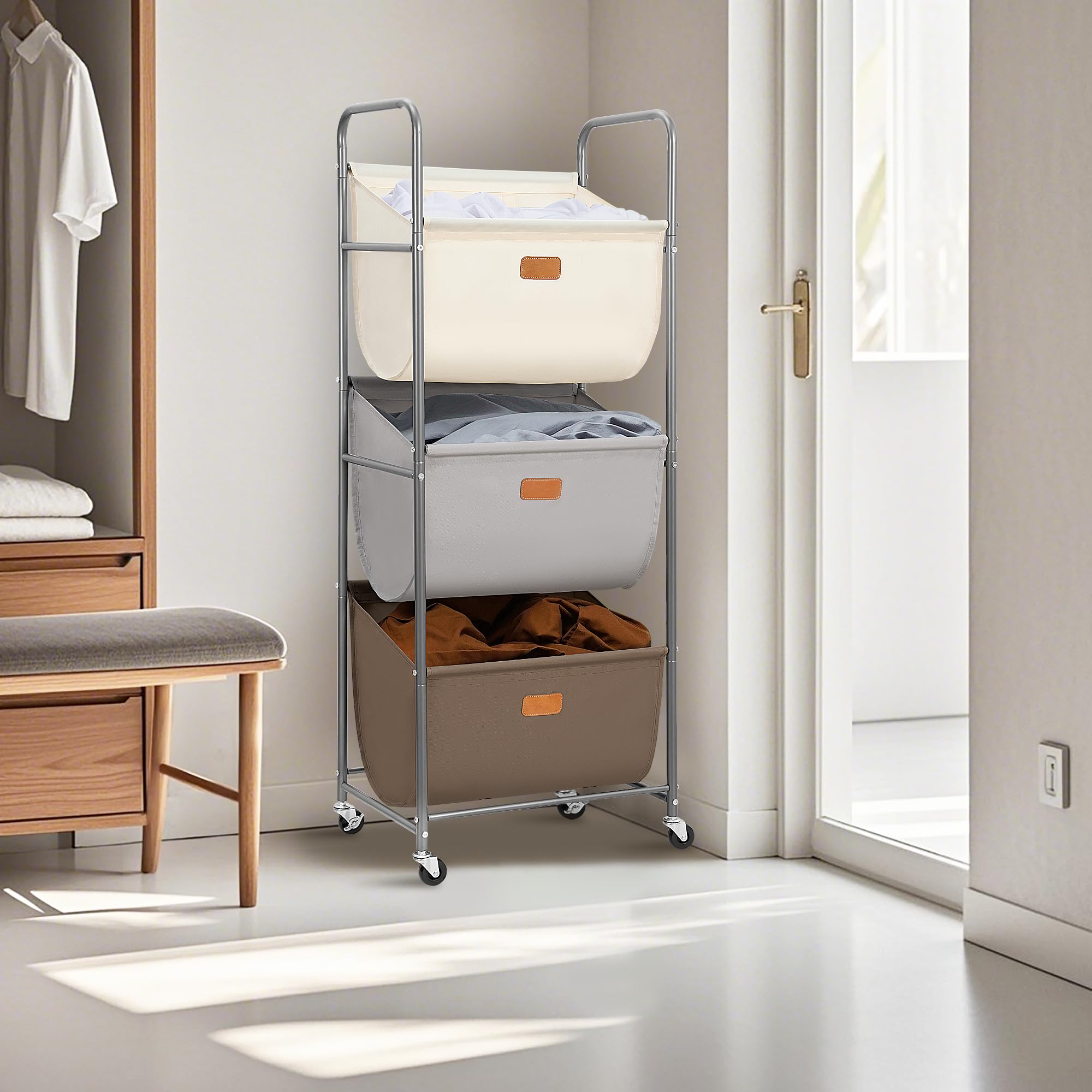 STORAGE MANIAC Cesta de lavandería vertical con ruedas de 120 litros, clasificador de ropa sucia de 3 secciones con ruedas y 2 roturas, cestas de lavandería de 3 niveles para espacios pequeños