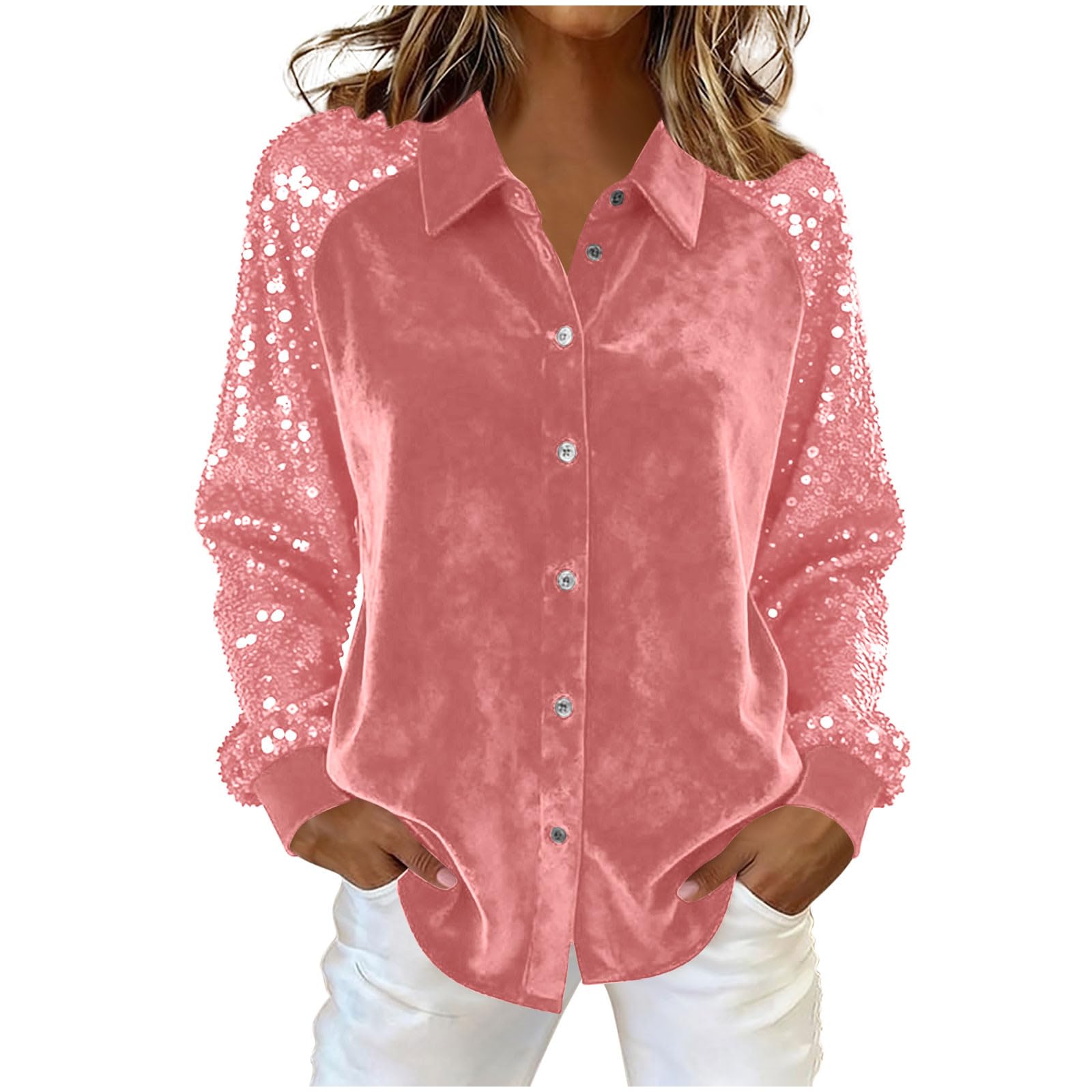 Womens Sequin Velvet Holiday Tops Glitter Sparkly Party Blouse Long Sleeve Button Down Lapel Collar Fashion Shirts