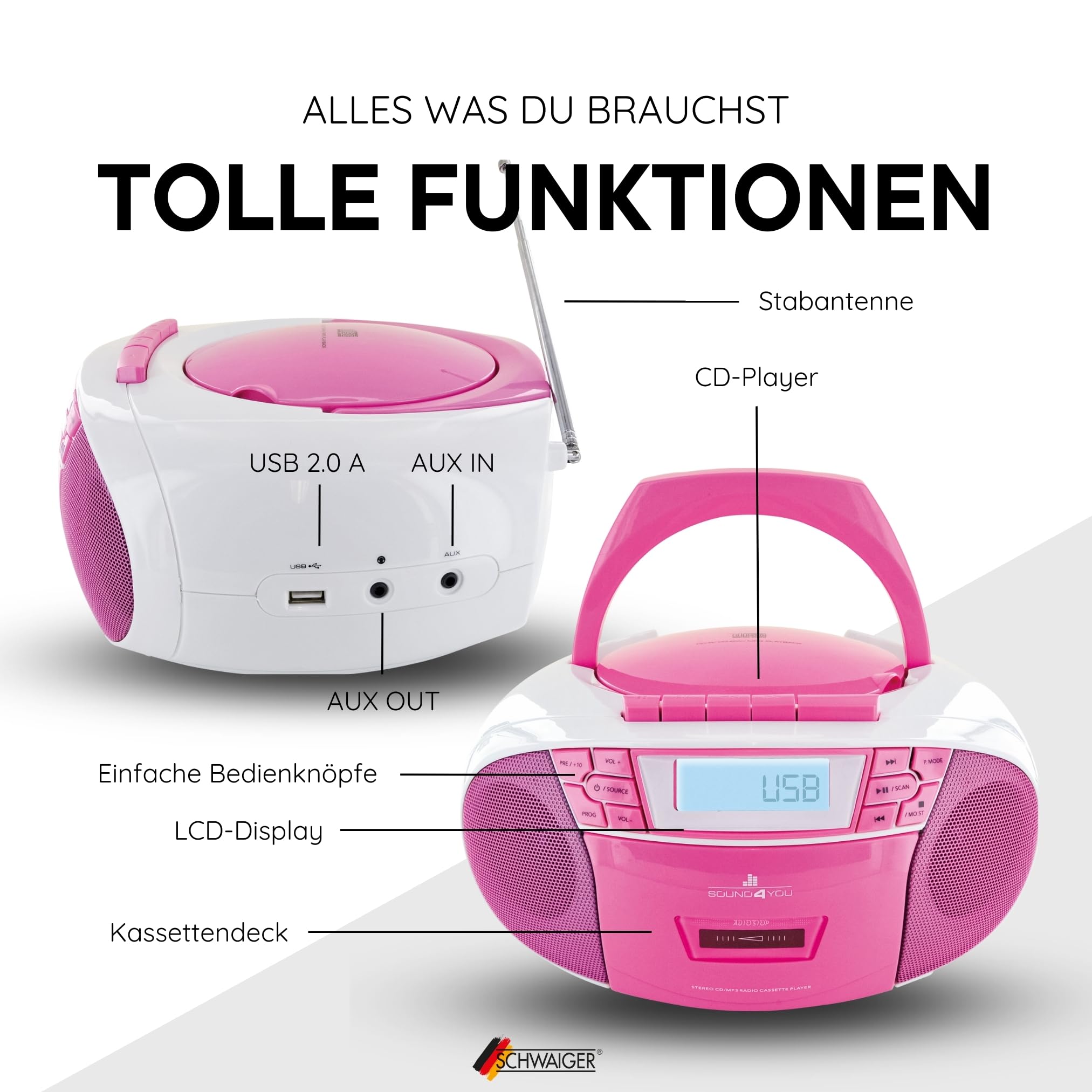 SCHWAIGER 661668- Tragbarer CD-Player mit Kassette und Radio MP3 USB Anschluss UKW FM Radio AUX Kopfhörer Boombox Stereo für zuhause und unterwegs Netz- und Batteriebetrieb Display