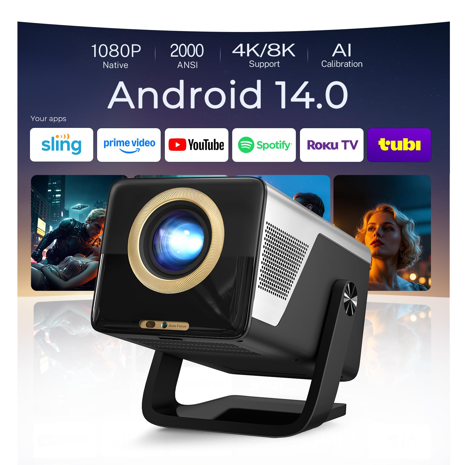[2000 ANSI & 1080P Nativo] Proyector Inteligente X7 (Android 14), Soporte 8K/4K, Calibración Visual IA, Enfoque y Corrección Automática, WiFi 6, Bluetooth 5.4, Mando por Voz Air Mouse, Audio Hi-Res