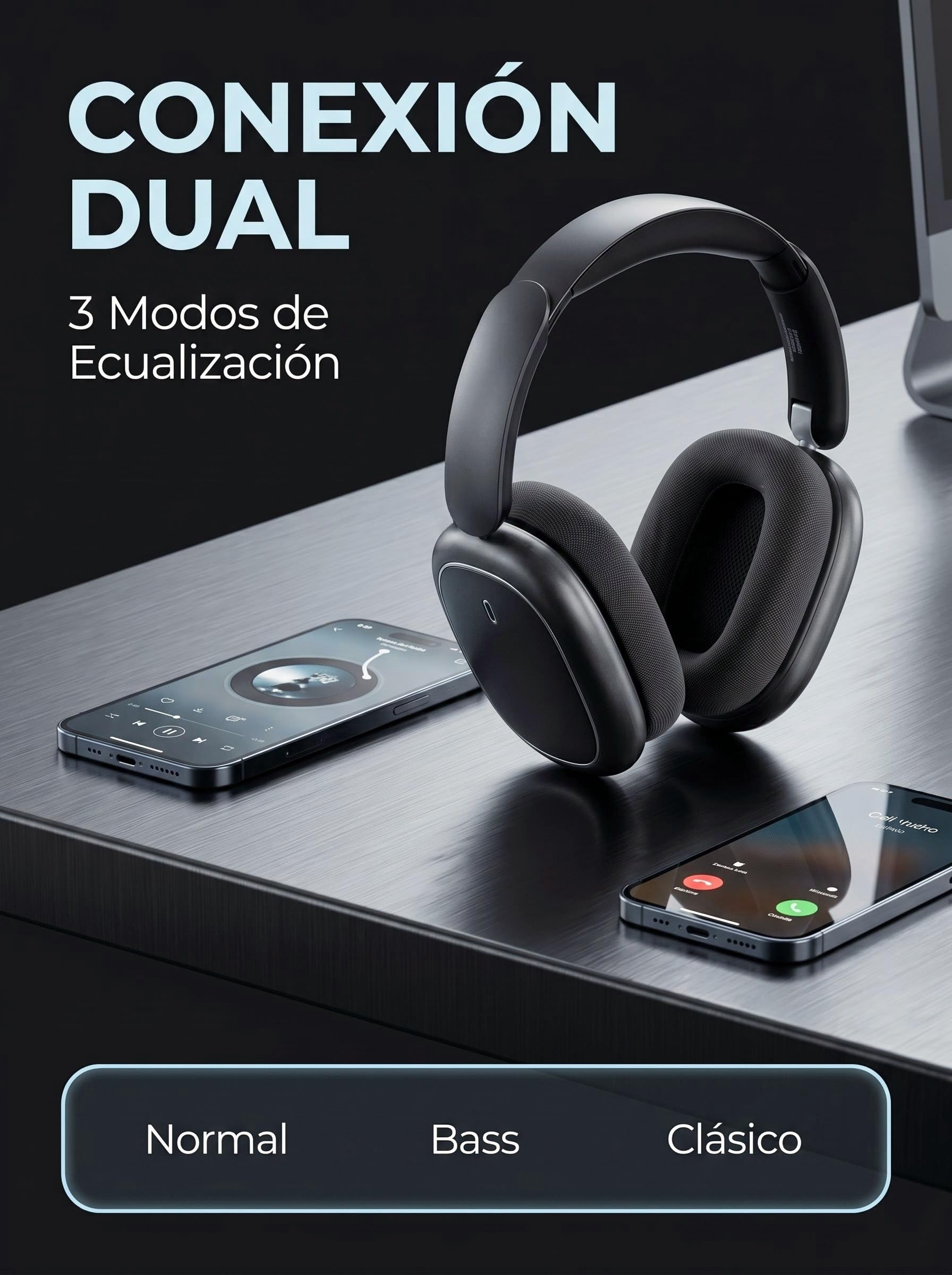 Next Destination ND905-ANC Auriculares Inalámbricos de Diadema Bluetooth 5.4 Cancelación de Ruido Activa 40H Autonomía Bajo Potente Cascos con Micrófonos para Llamadas Almohadas Magnéticas Negro