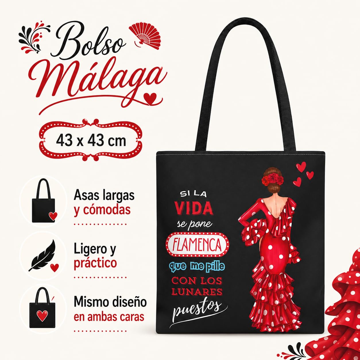 Bolso Tote Flamenco 43x43 cm – Bolsas de Tela con Diseño de Flamenca – Impresión Doble Cara – Asas 60 cm – Poliéster 400 g/m² – Colección Málaga