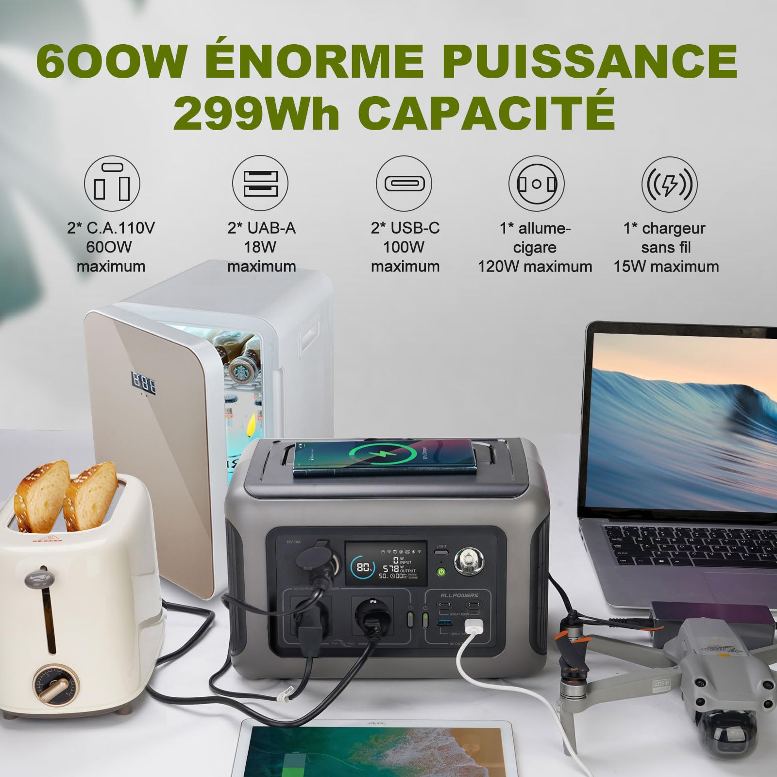 ALLPOWERS R600 Station électrique portable 299Wh, batterie LiFeP04 avec 3500 cycles+, Recharge de 0 à 80% en 30 minutes, Chargement rapide sans fil 15W, générateur solaire pour camping, extérieur