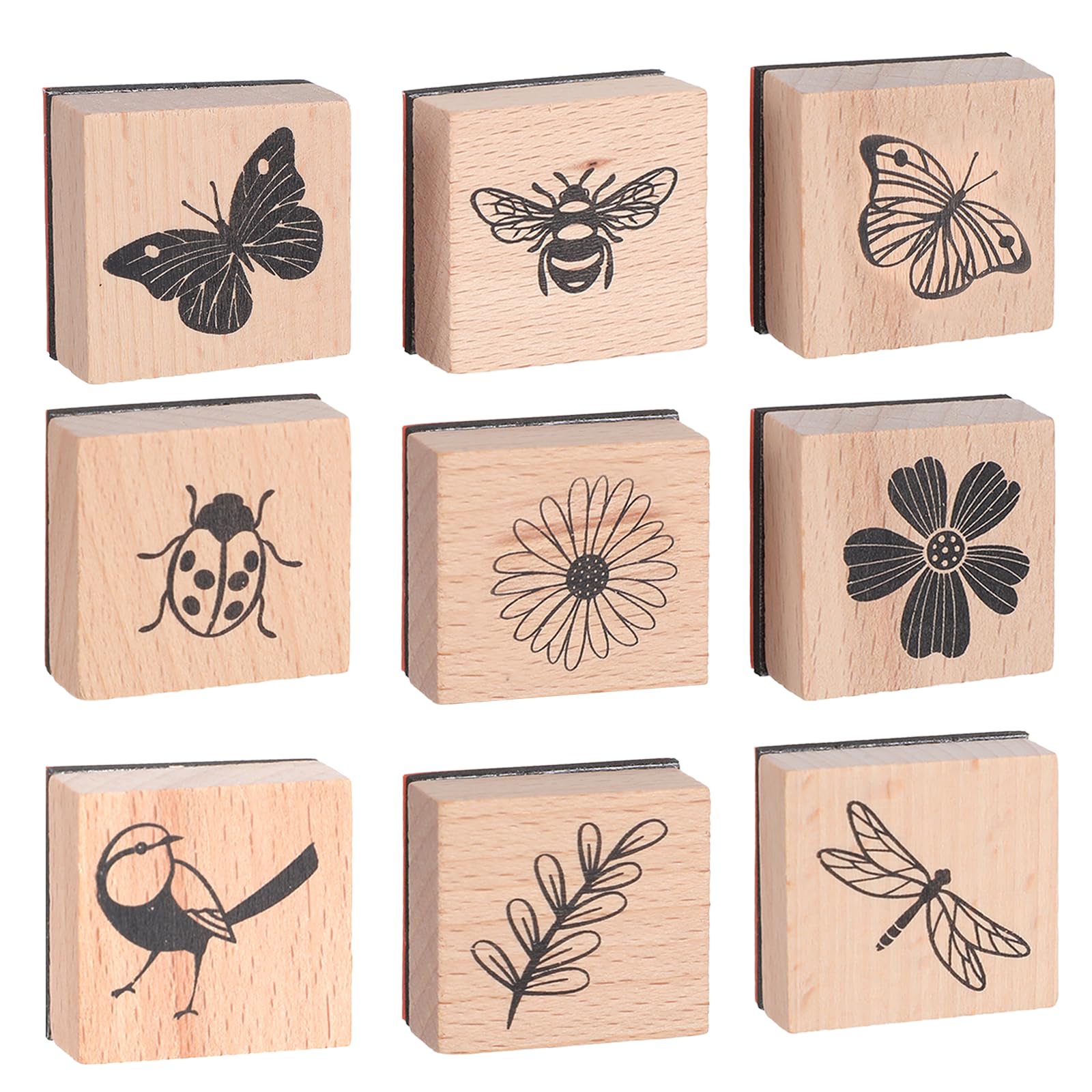 9Pcs Wooden Rubber Stamp Set, Vintage Rubber Stamps for Crafting, Butterfly, Bird, Ladybird & Plant Journal Stamps for Arts & Crafts, Stationary, Scrapbooking, School Projects, Journals