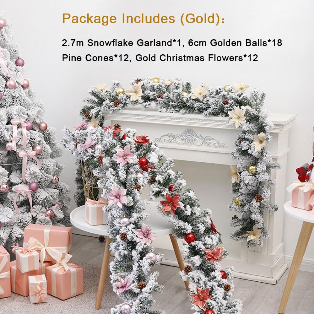 Odot Guirnalda de Navidad Decoracion Navidad 2.7m Guirnalda de Pino Artificial, Caída de Nieve Verde Espumillón de Navidad para Chimenea Escalera Puerta y Árbol Navidad (Vides+Decoración Oro)