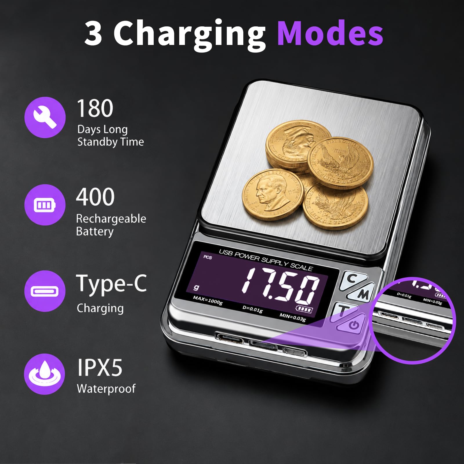 Báscula de monedas, báscula de joyería de 1000 g x 0,01 g con 7 unidades y 3 interfaces de carga, báscula digital portátil de bolsillo para coleccionistas de monedas, joyeros, oro, dólar plateado