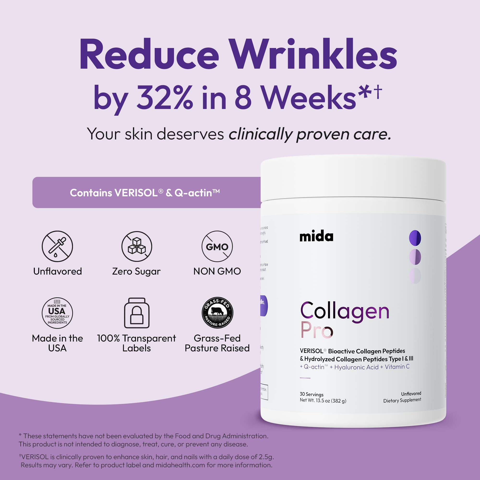 VERISOL® Péptidos de colágeno hidrolizados tipo I y III con vitamina C, ácido hialurónico, biotina, Q-ACTIN® | Proteína en polvo sin sabor para piel suave, cabello grueso, uñas fuertes y salud de las