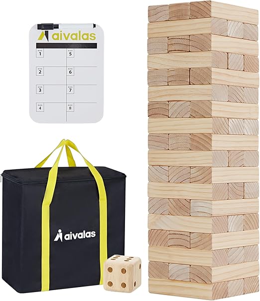 Giant Timber Blocks Games, 56 Blocks Large Tower Outdoor Games - Includes Carry Bag and Scoreboard, Wood Stacking Yard Games Grows from 2FT to Over 4.2FT for Kids Adults Family