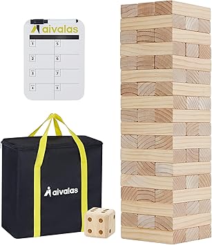 Giant Timber Blocks Games, 56 Blocks Large Tower Outdoor Games - Includes Carry Bag and Scoreboard, Wood Stacking Yard Games Grows from 2FT to Over 4.2FT for Kids Adults Family