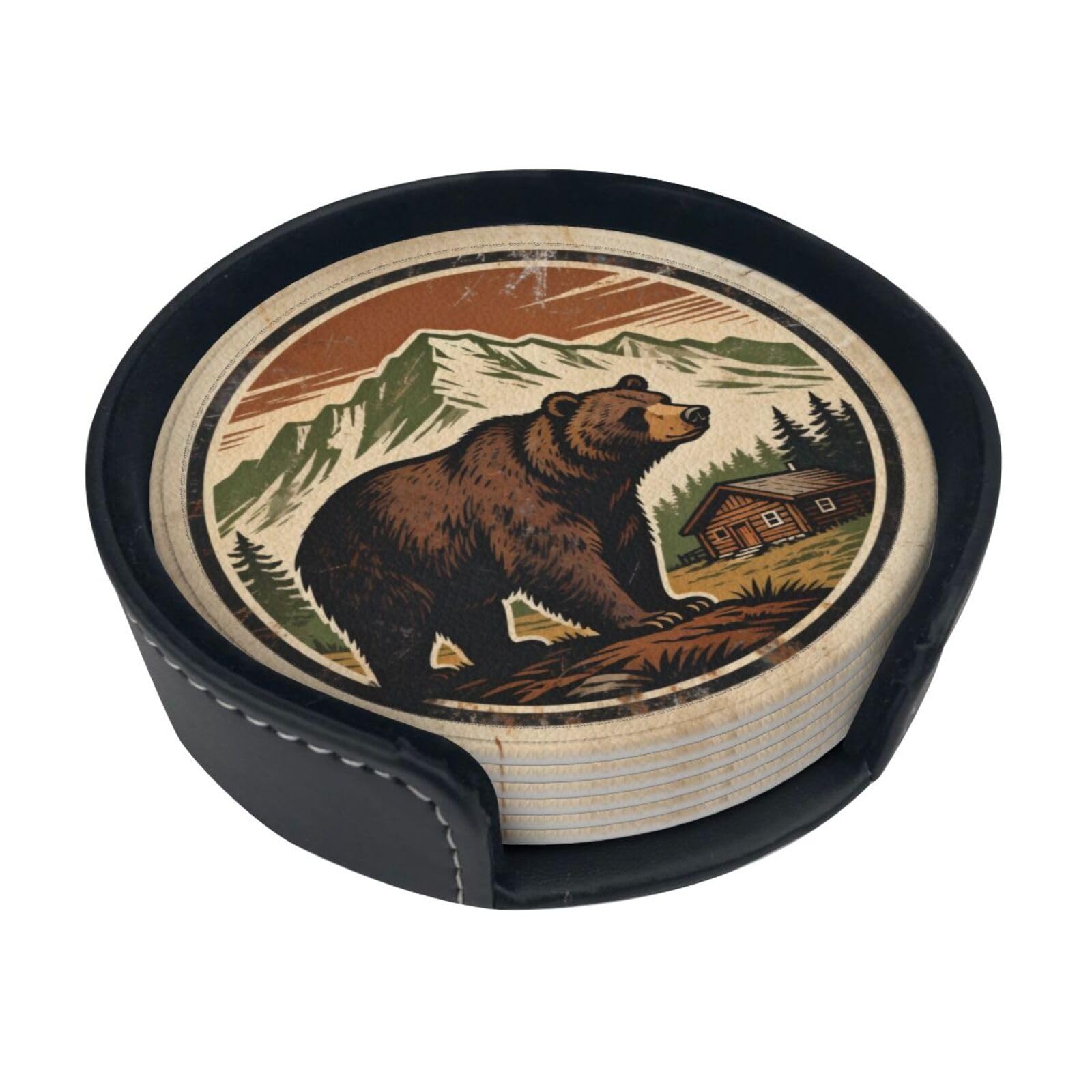 Badge Bear Leather Coasters-Set of 6 with Storage Holder
