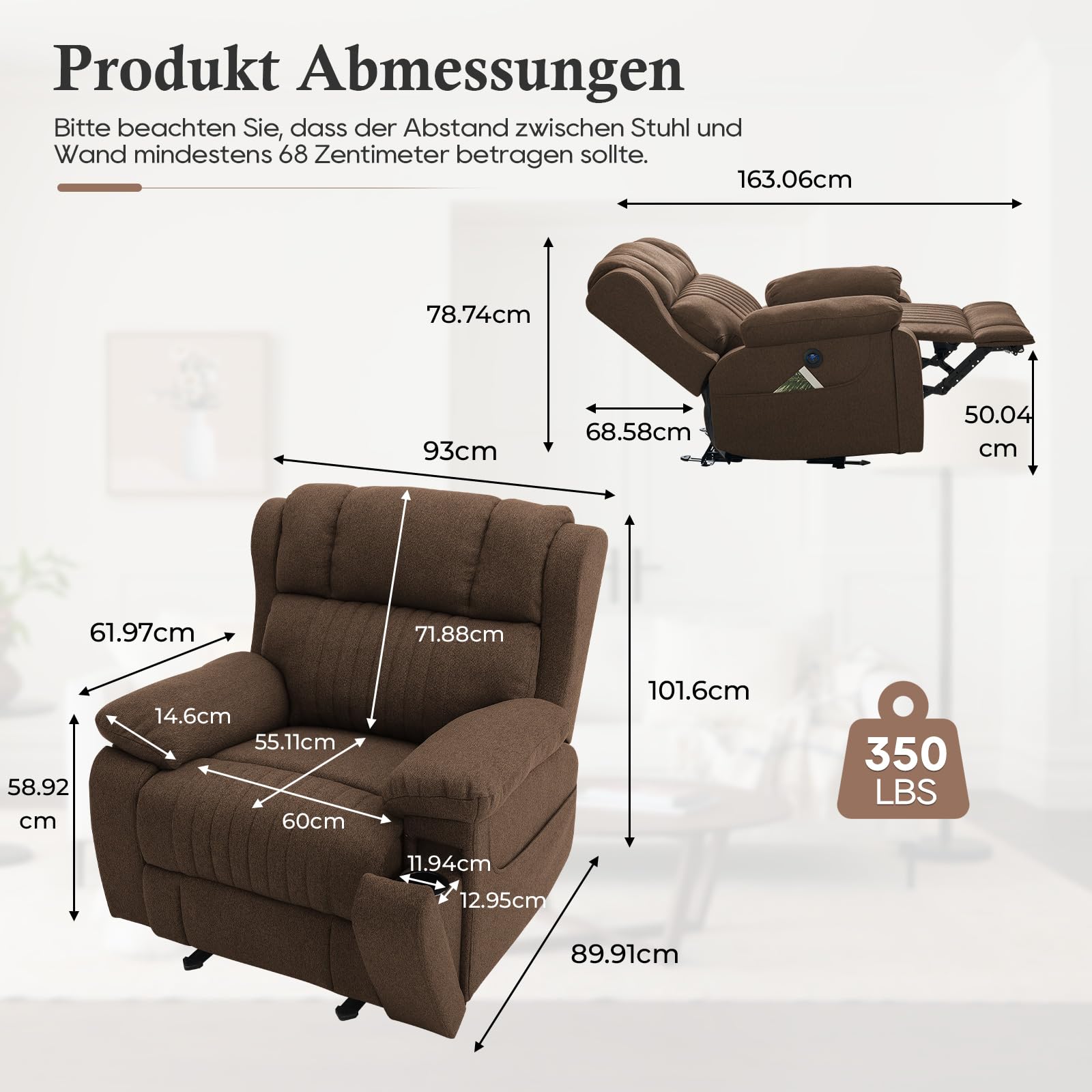 Fernsehsessel Elektrisch Verstellbar, Relaxsessel mit Liegefunktion, TV Sessel mit Massage & Wärmefunktion, Versteckte GeträNkehalter, Typ C & USB-AnschlüSse, bis 160 kg (Braun)