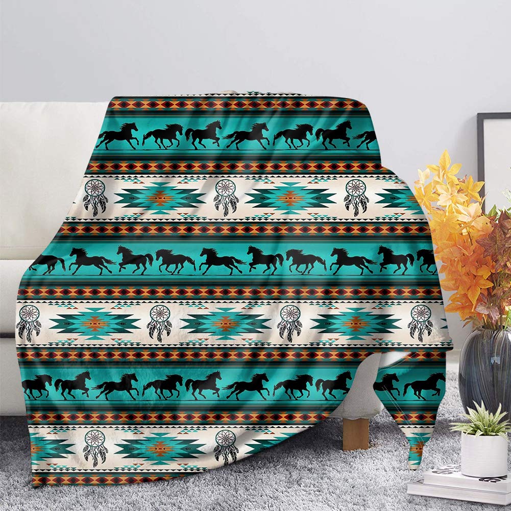 Binienty Soft Durable Bedding Blanket for Kids Adults, Navajo Style Aztec Horse Dream Catcher Pattern Fleece Blankets, Turquoise Color — image 1