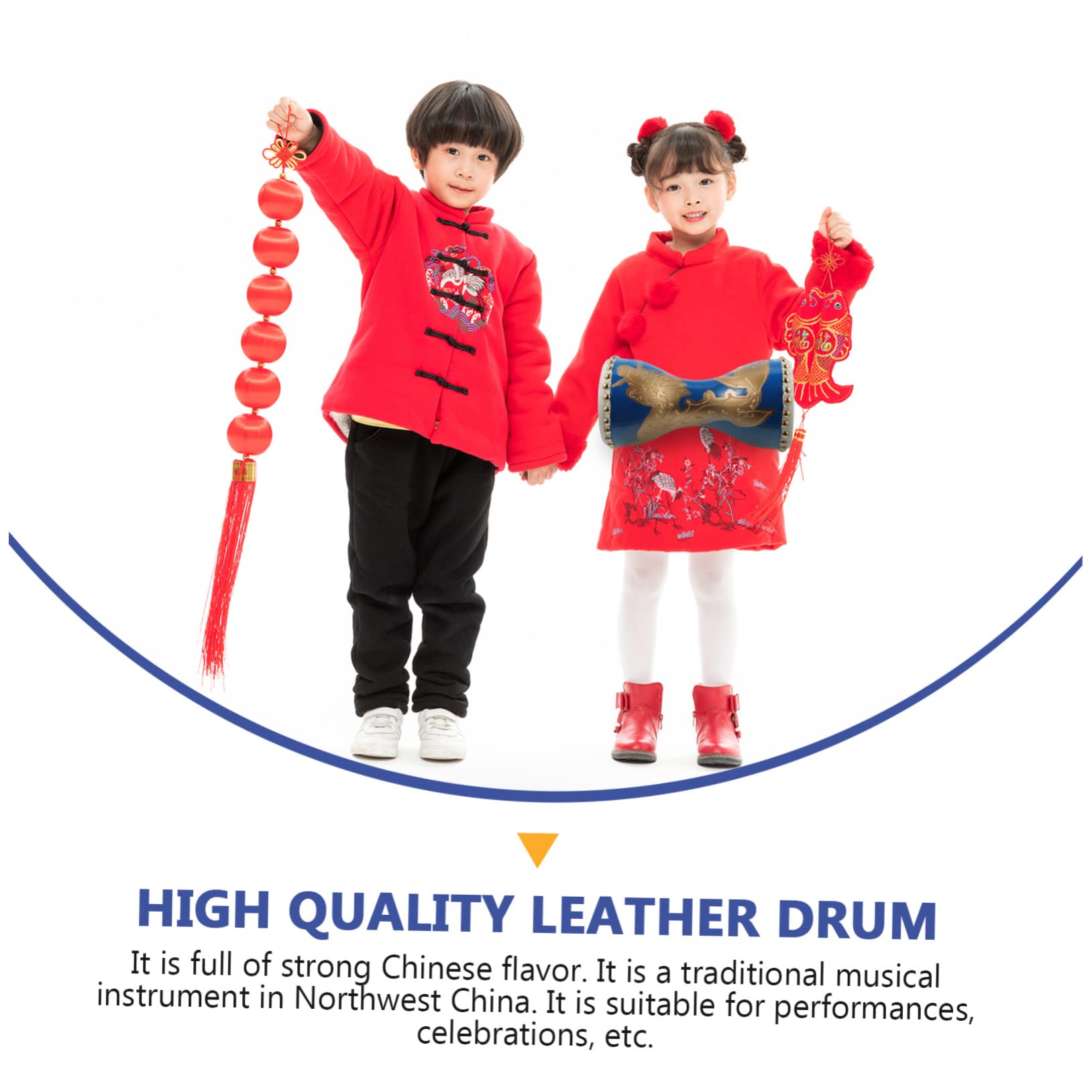 Tambour à Main Professionnel en Cuir de Vache Portable Sangle Réglable, Instrument de Performance Chinois pour Danse et Fitness, Diamètre 12-14cm