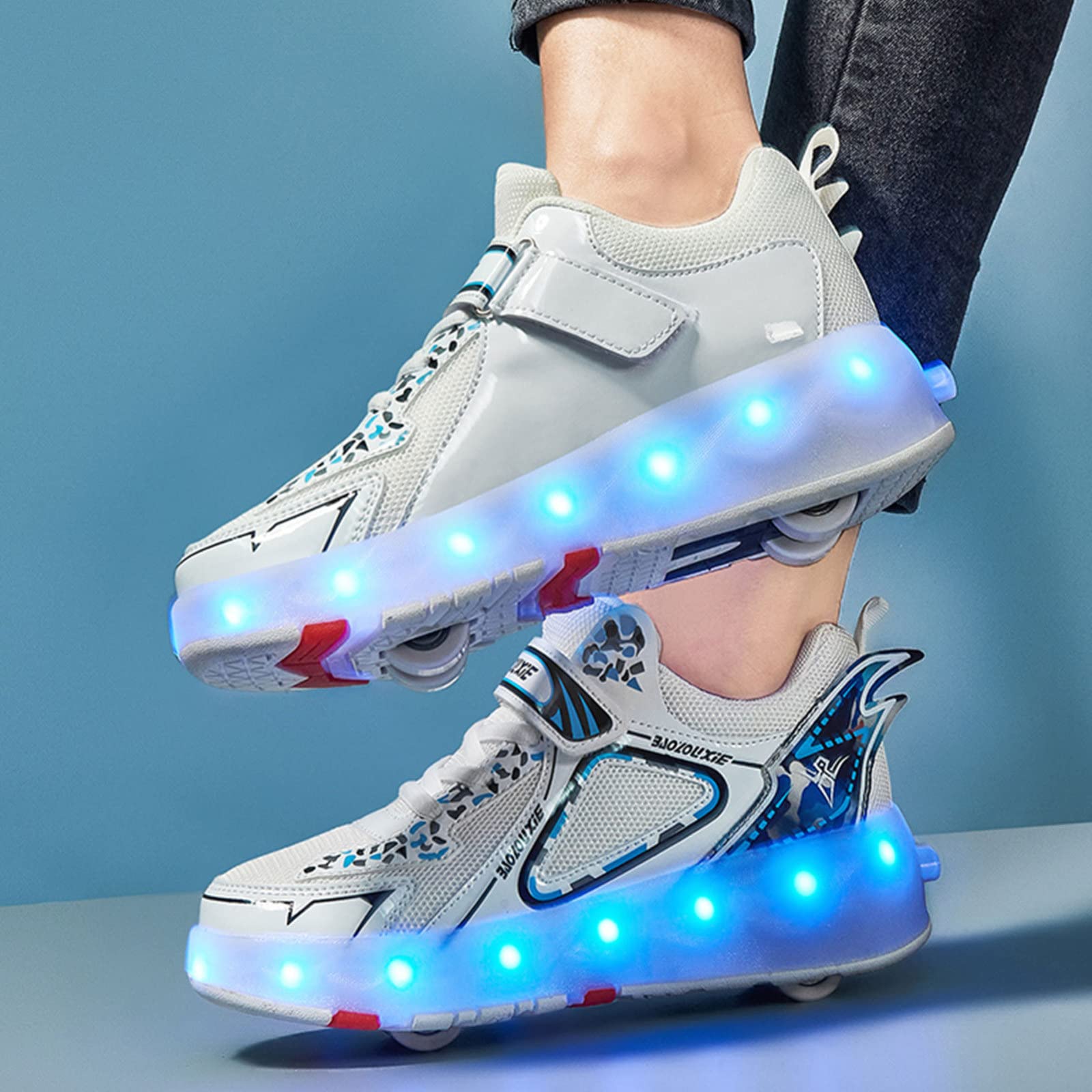 Roller Skating Shoes For Children LED Light Up Shoes Trainers With Double Row And Four Wheels USB Charging Technical Skateboard Shoes Outdoor Sneakers ,White-38EU