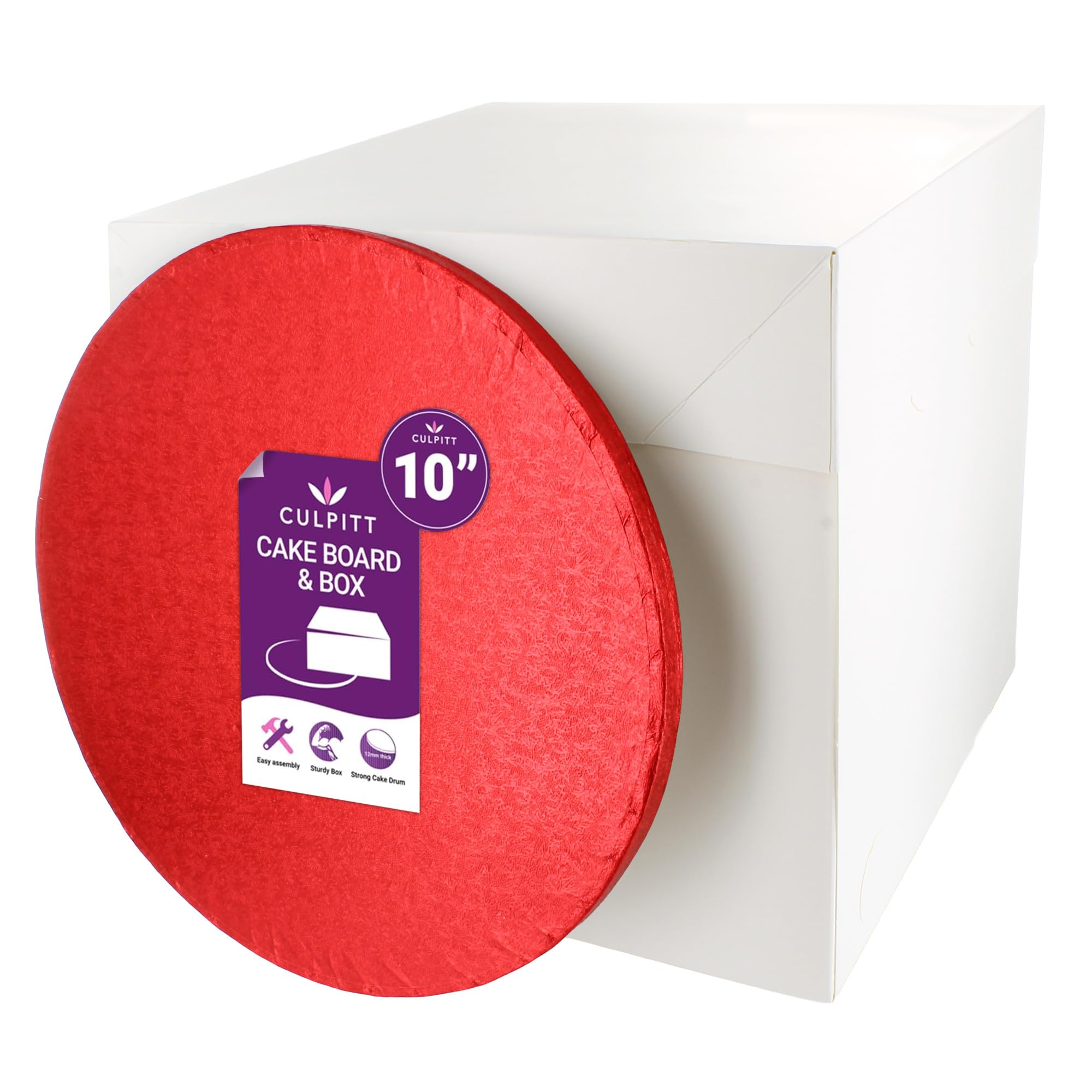 Culpitt Red Board & Tall Box Set | 10" | Tall White Cake Box & Coloured Drum, Box And Colourful Cake Board, Storage & Transport Combo For Decorated & Tiered Cakes