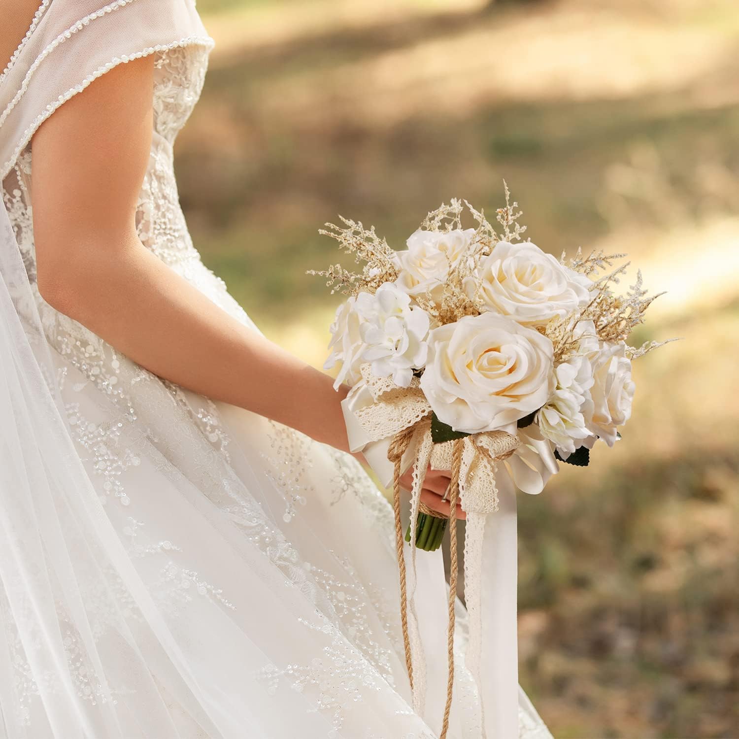 Artificial Plant, 1 Champagne White Rose Bridal Bouquet, 8.6 x 10.2 x 8.6 inches, Wedding Bouquets for Bride, Bridesmaid Bouquets with Silk Ribbon, Decoration - Image 4