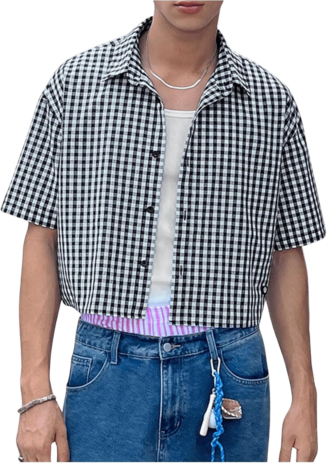 Men's Plaid Shirts Gingham Short Sleeve Button Down Crop Tee Tops