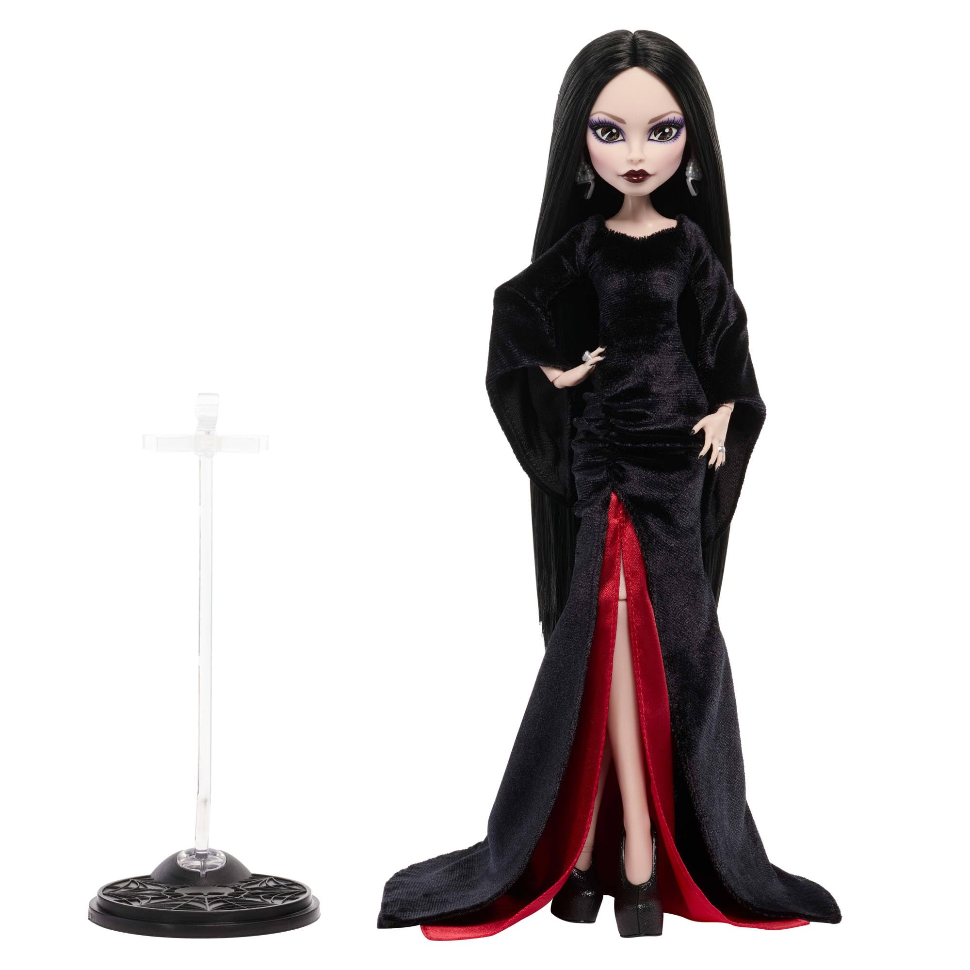 Monster High x Miércoles Muñeca Coleccionable de Morticia Addams con Vestido de Terciopelo Negro y carmesí con Joyas, Tacones inspirados en la Serie y Soporte para la muñeca, JLK99