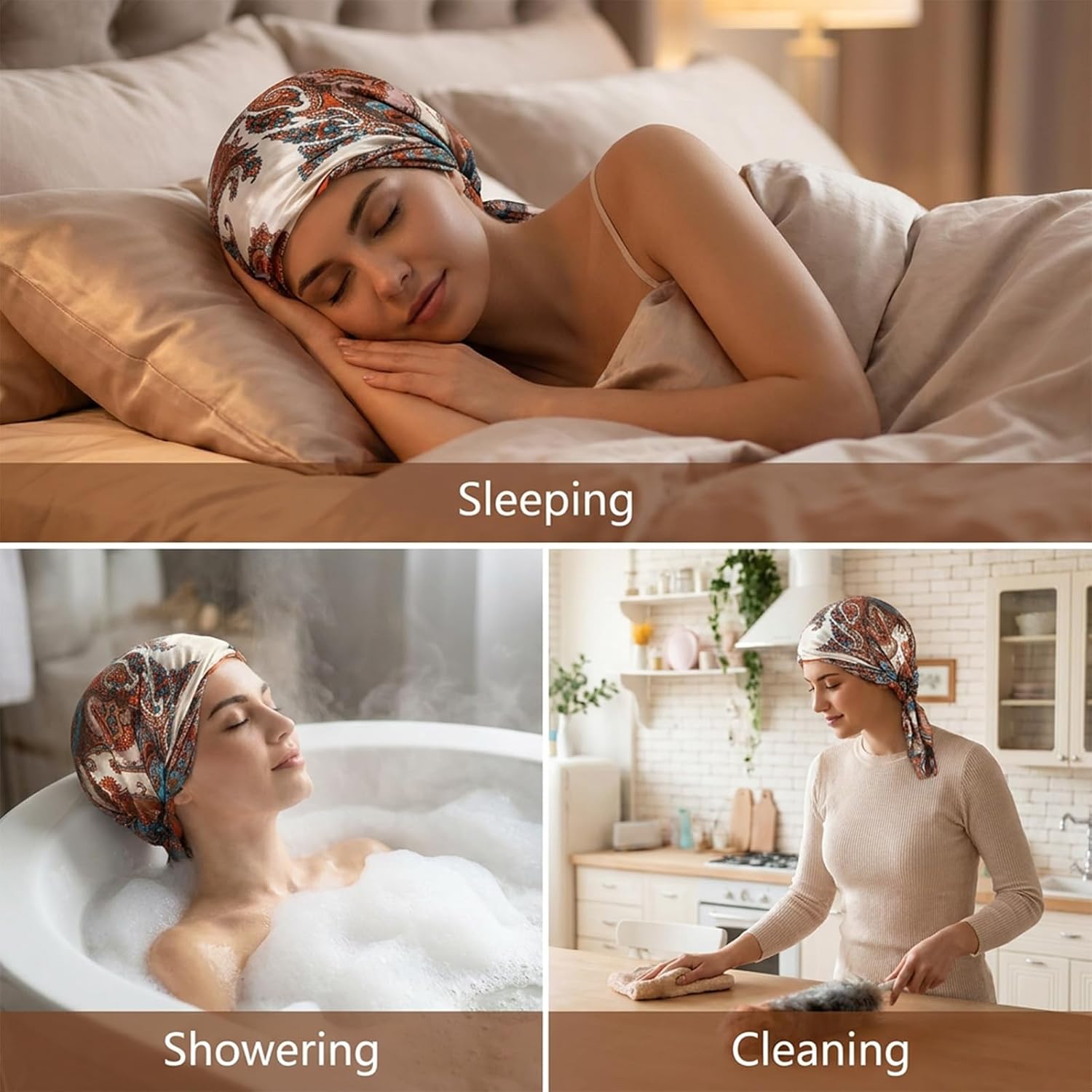 Soft Headband Hair Net with Satin Scarf Attached, Protective Satin Wrap Cap 2 in 1 Hair Wrap Scarf Shower Cap for Sleeping Women Men