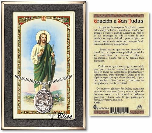Bonyak Jewelry San Judas de peltre en una cadena de bordillo de 24 pulgadas con una tarjeta de oración a San Judas Tadeo, Metal