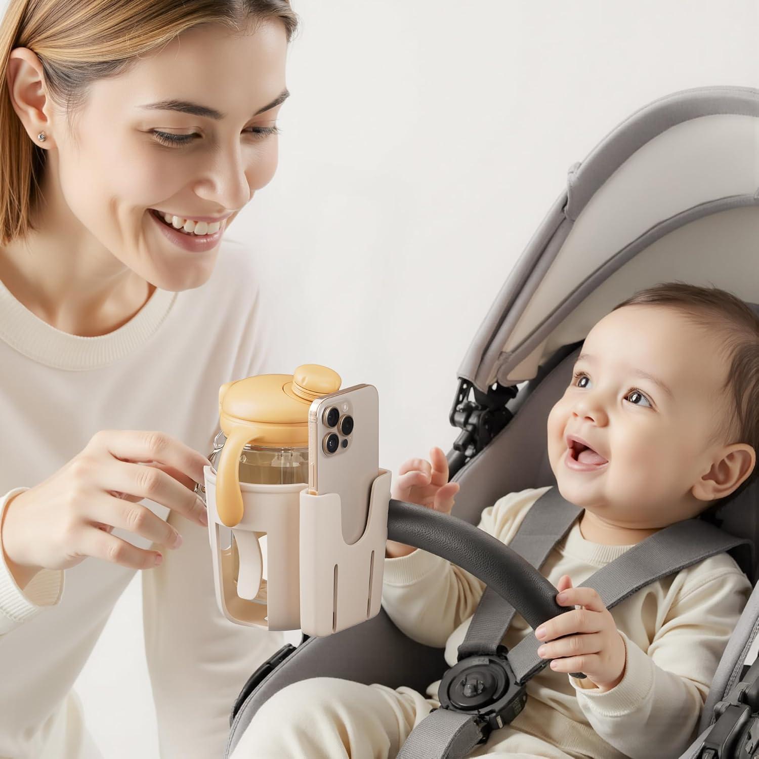 li & zhao universal stroller cup holder - 2-in-1 wheelchair cup holder adjustable bike drink holder with phone holder accessories for rollator,bike,scooter,walker(beige)