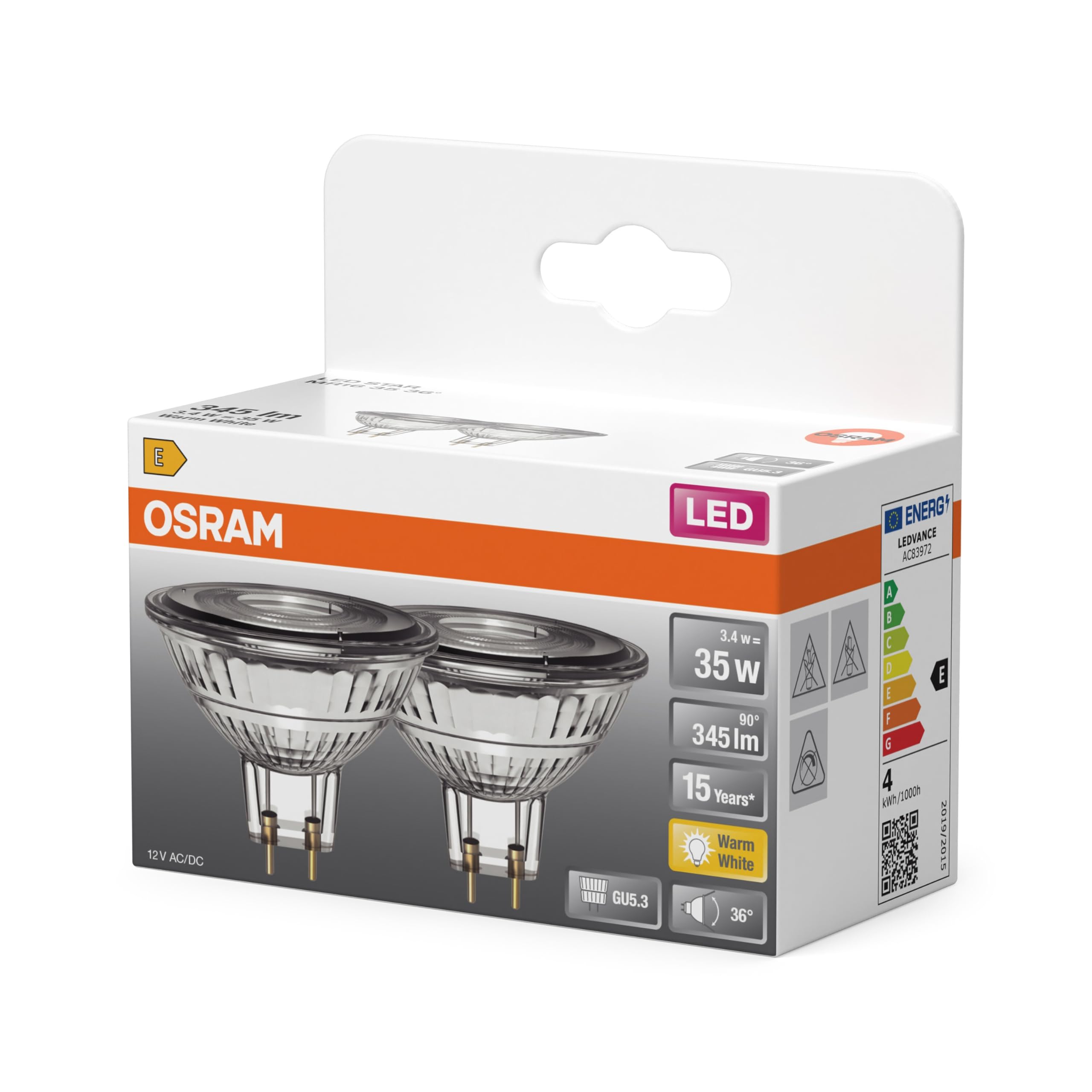 OSRAM Reflector LED Spot Star MR16, blanco cálido 2700 K, 3,4 W, GU5.3, 36°, 345 lm, bajo voltaje, transparente, para focos, vitrinas, 15.000 h,3-Pack
