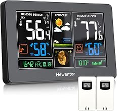 Newentor Weather Station Wireless Indoor Outdoor Thermometer, Color Display Digital Weather Thermometer with Atomic Clock, Barometric Pressure, Forecast Station with Adjustable Backlight,Black,2Sensor