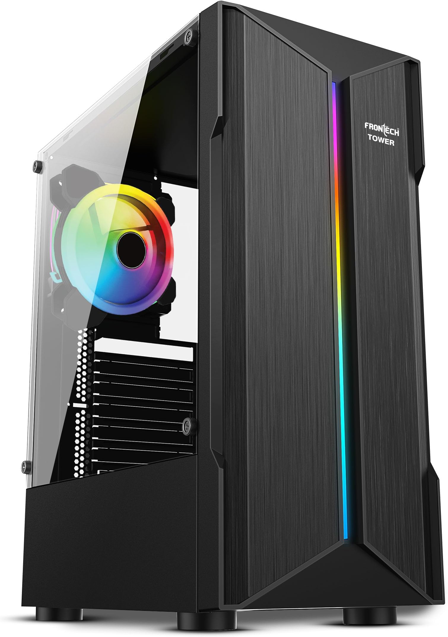 Frontech Tower Gold Computer Cabinet | Mid-Tower PC Case | Acrylic Side Panel | Front RGB LED Strip | 120mm LED Fan | USB 3.0 | ATX/mATX Support (FT-4362, Black)